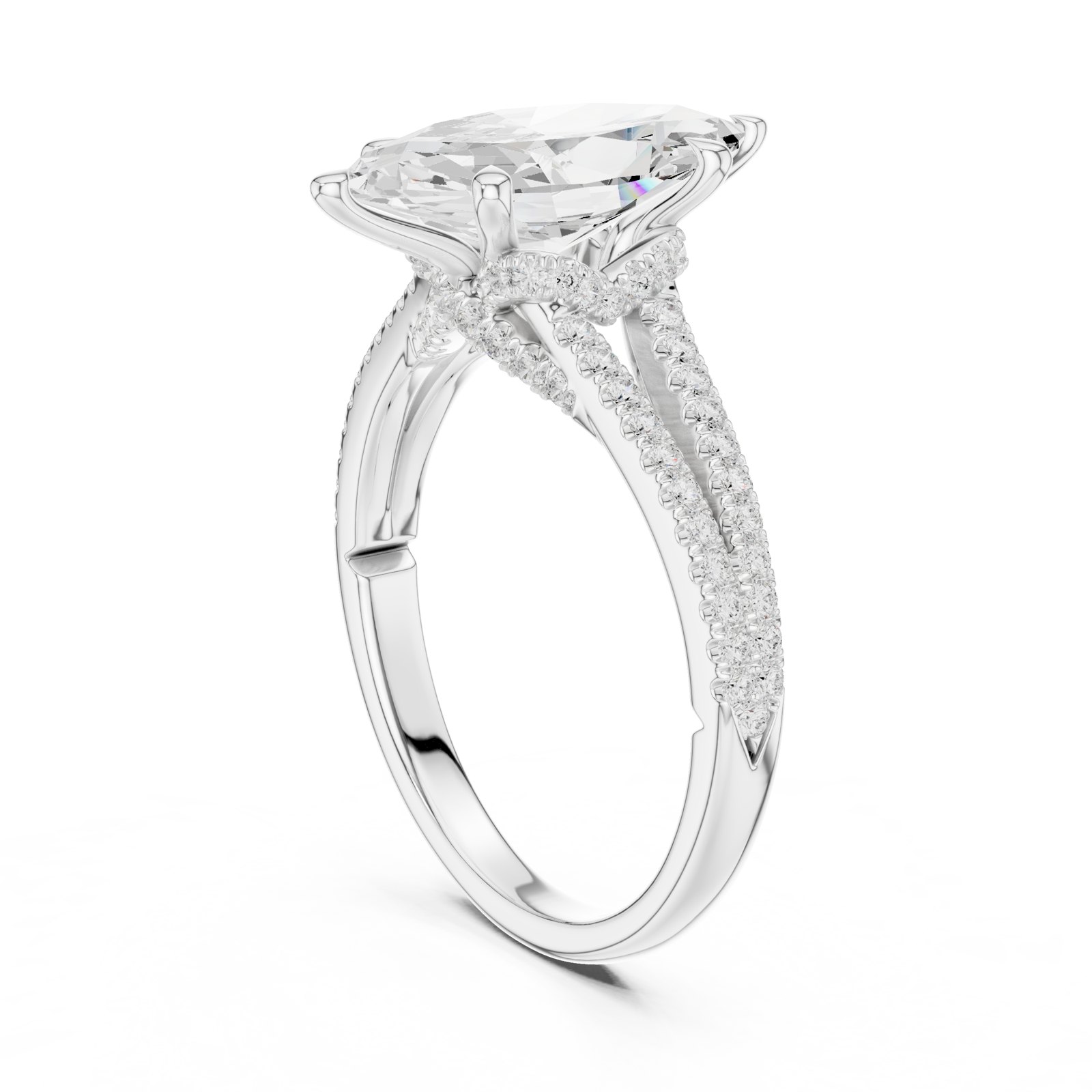 Imogen Marquise Hidden Halo Split Shank Engagement Ring in white gold