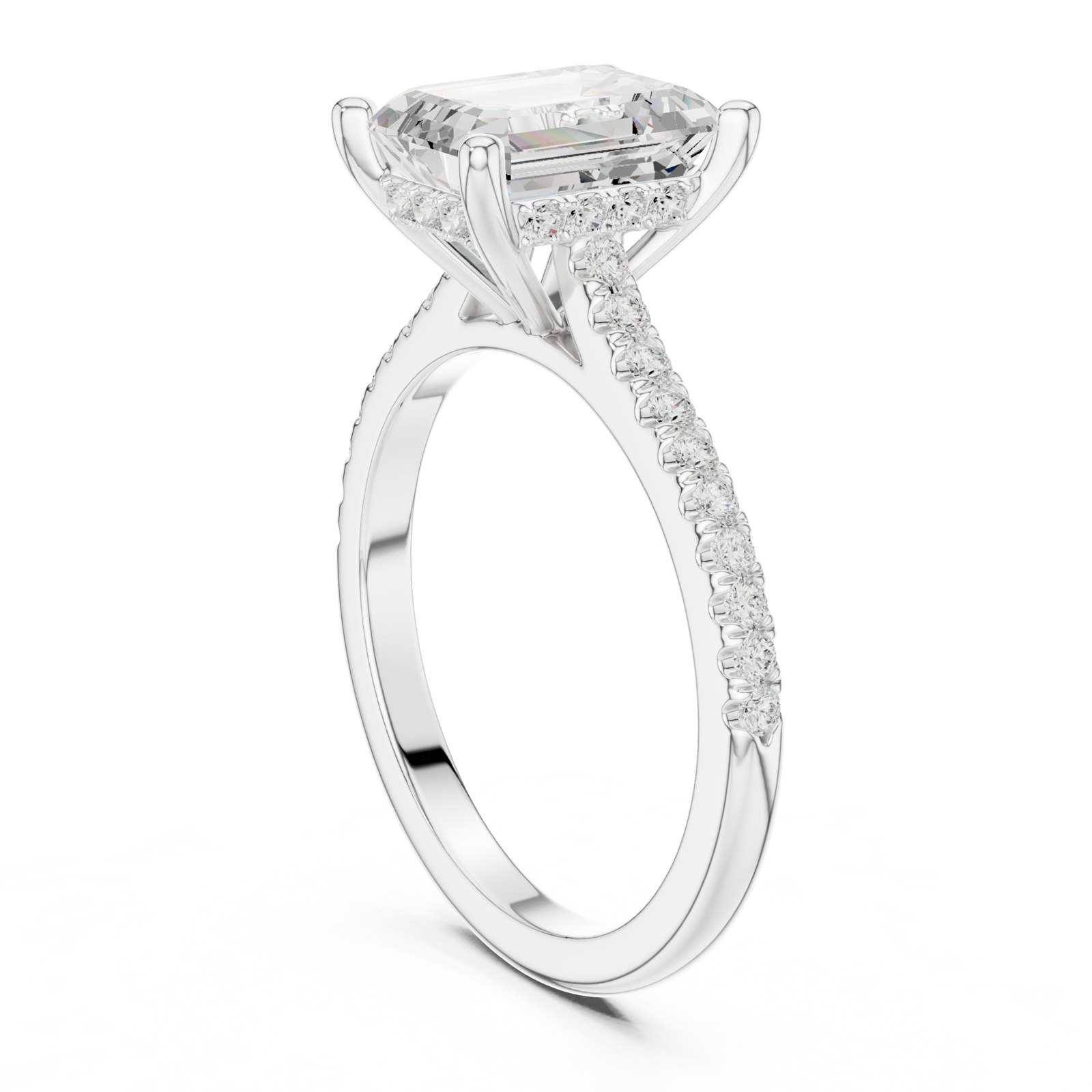 Eva Emerald Cut Hidden Halo Pavé Engagement Ring in white gold