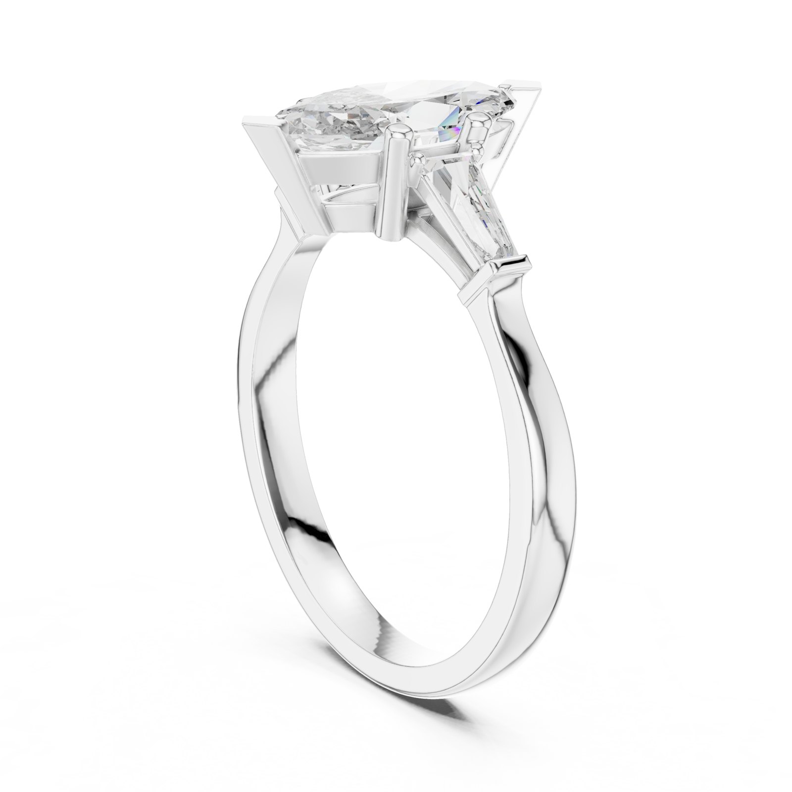 Monique Marquise Three Stone Ring with Baguette Sides in white gold