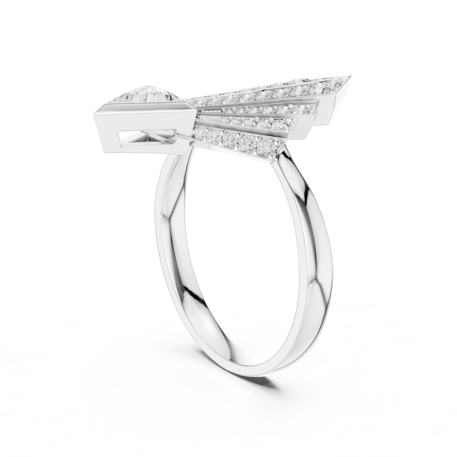 Asteria Art Deco Fan Pavé Statement Ring with Trillion Diamond in white gold