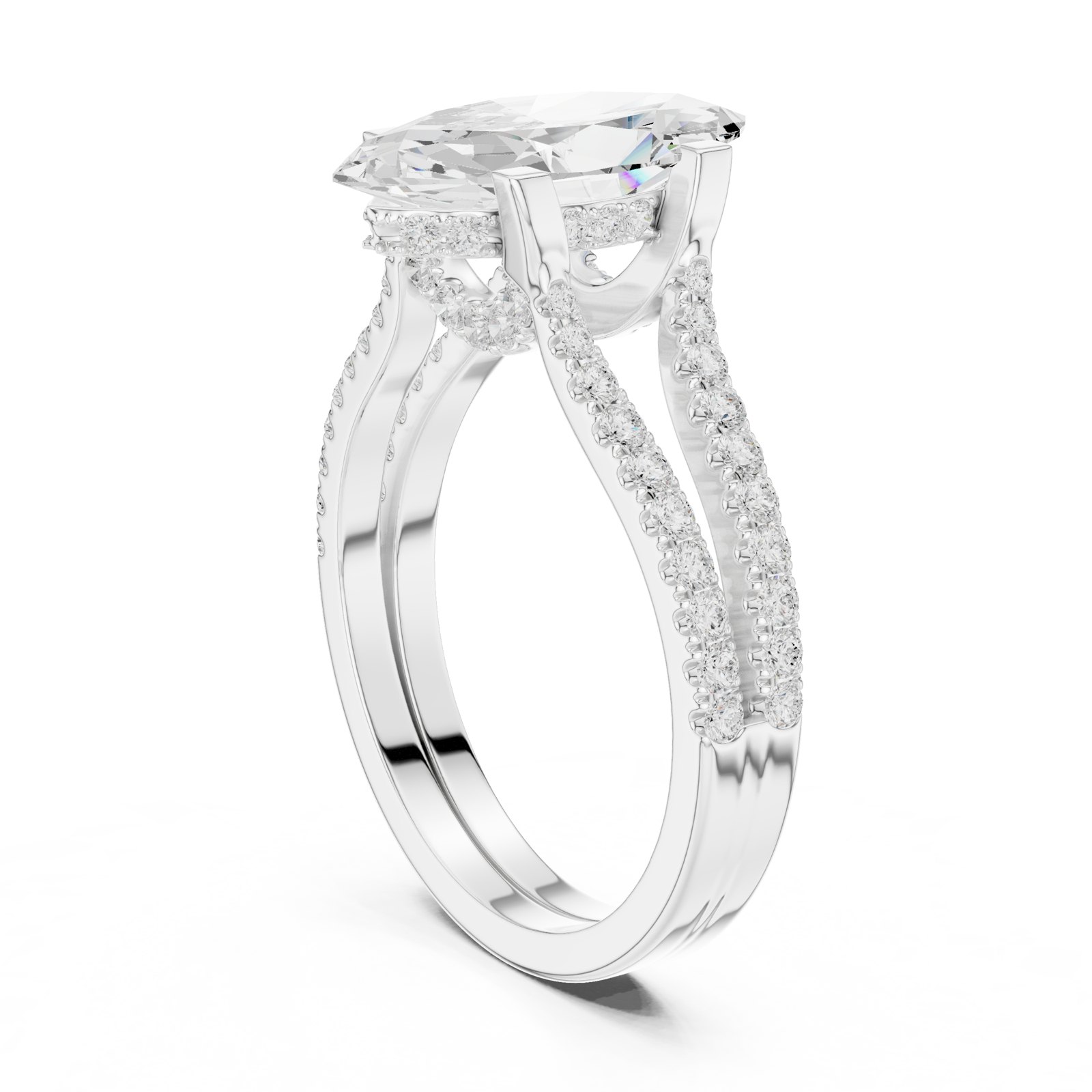 Kara Marquise Hidden Halo Split Shank Engagement Ring in white gold