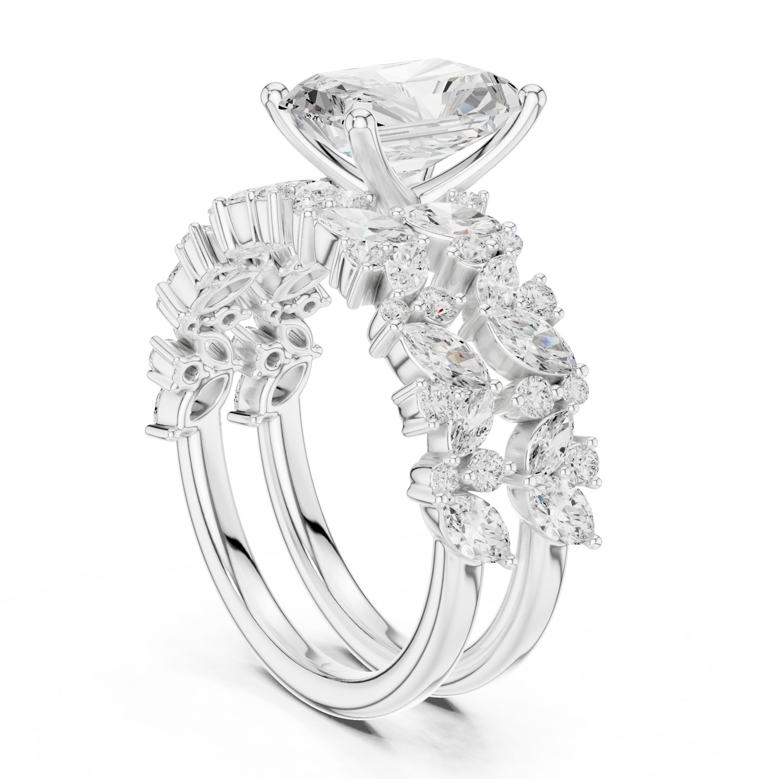 Josette Radiant Solitaire Engagement Ring with Marquise Cluster Band in white gold