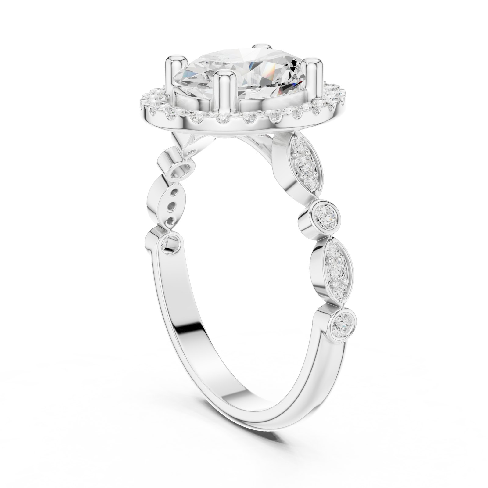Dominga Oval Halo Engagement Ring with Marquise Cluster Band in white gold