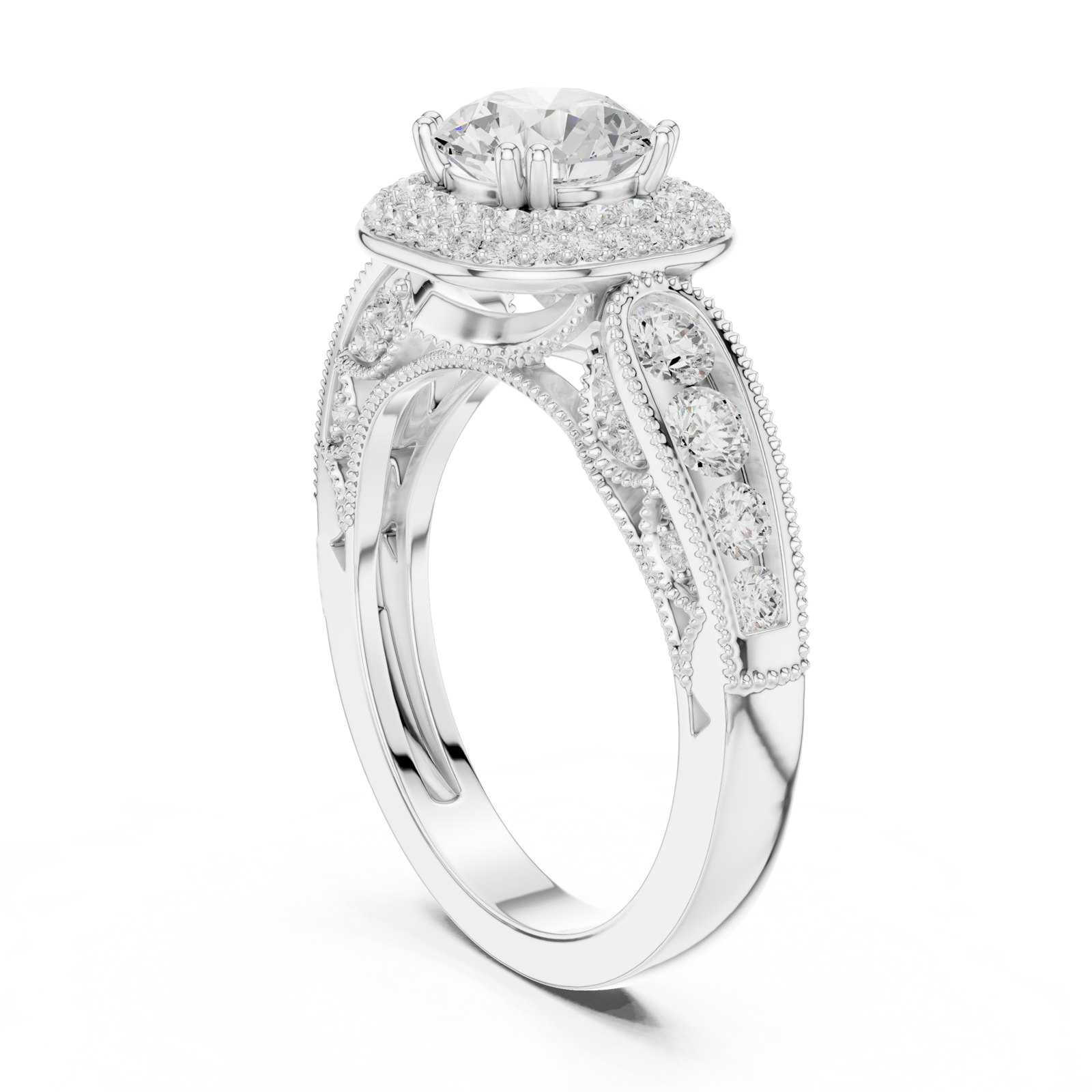 Georgiana Vintage Double Halo Milgrain Engagement Ring in white gold