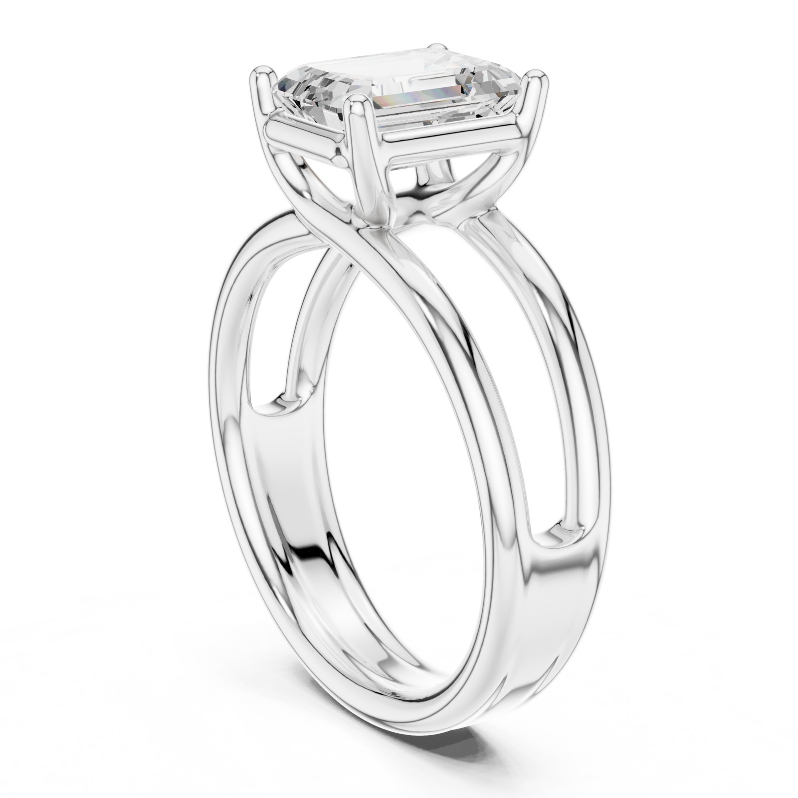 Bruna Emerald Cut Crossover Split Shank Engagement Ring in white gold