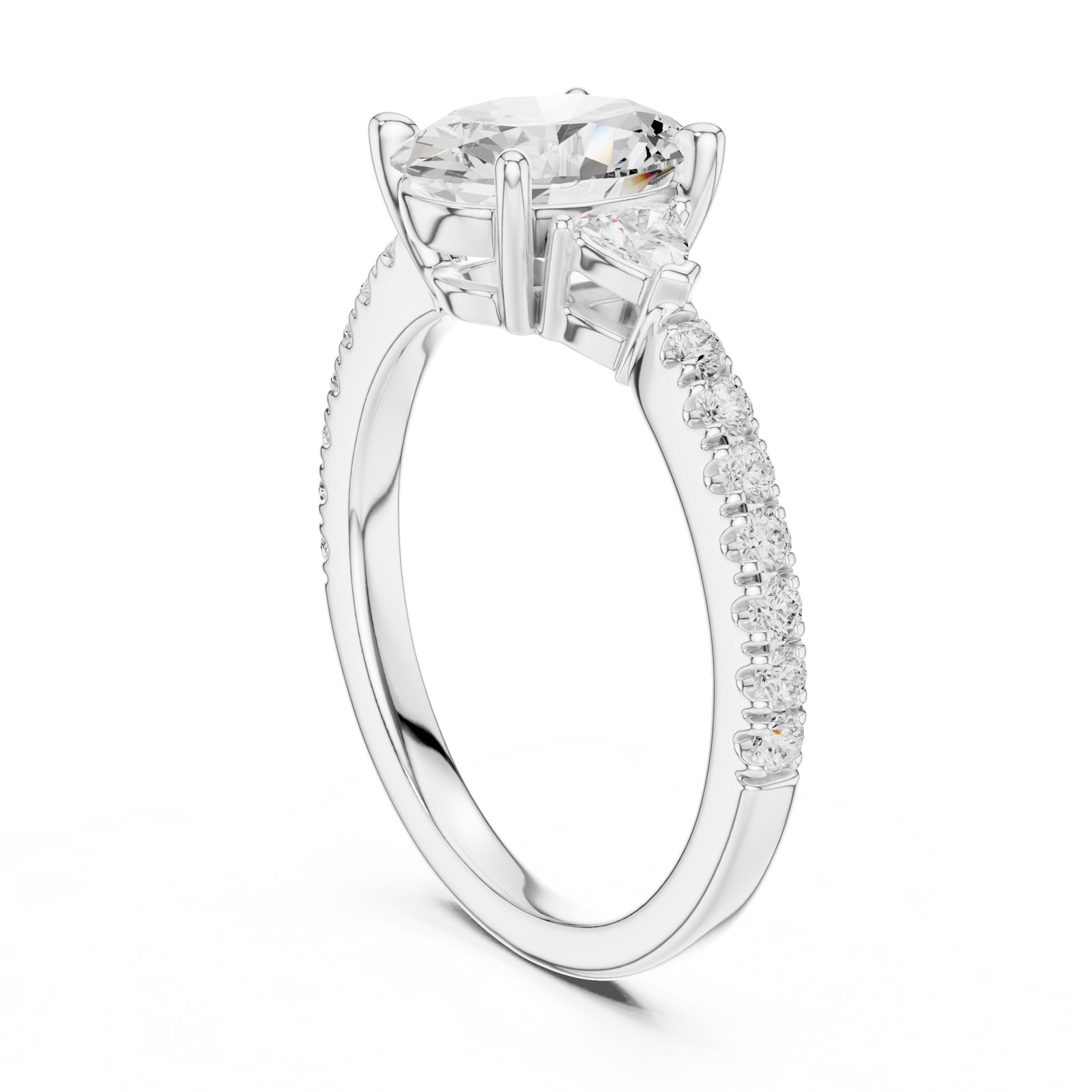 Helene Oval Three Stone Engagement Ring with Trillion Sides in white gold