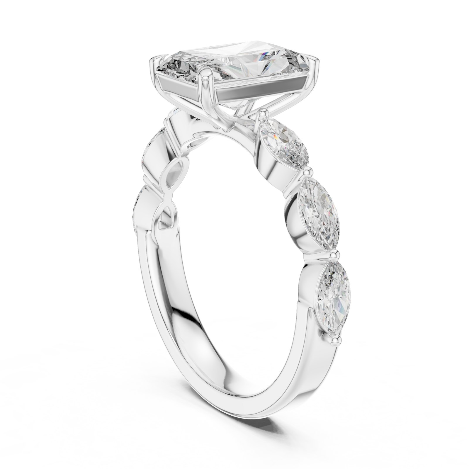 Zara Radiant Cut Engagement Ring with Marquise Diamond Band in white gold