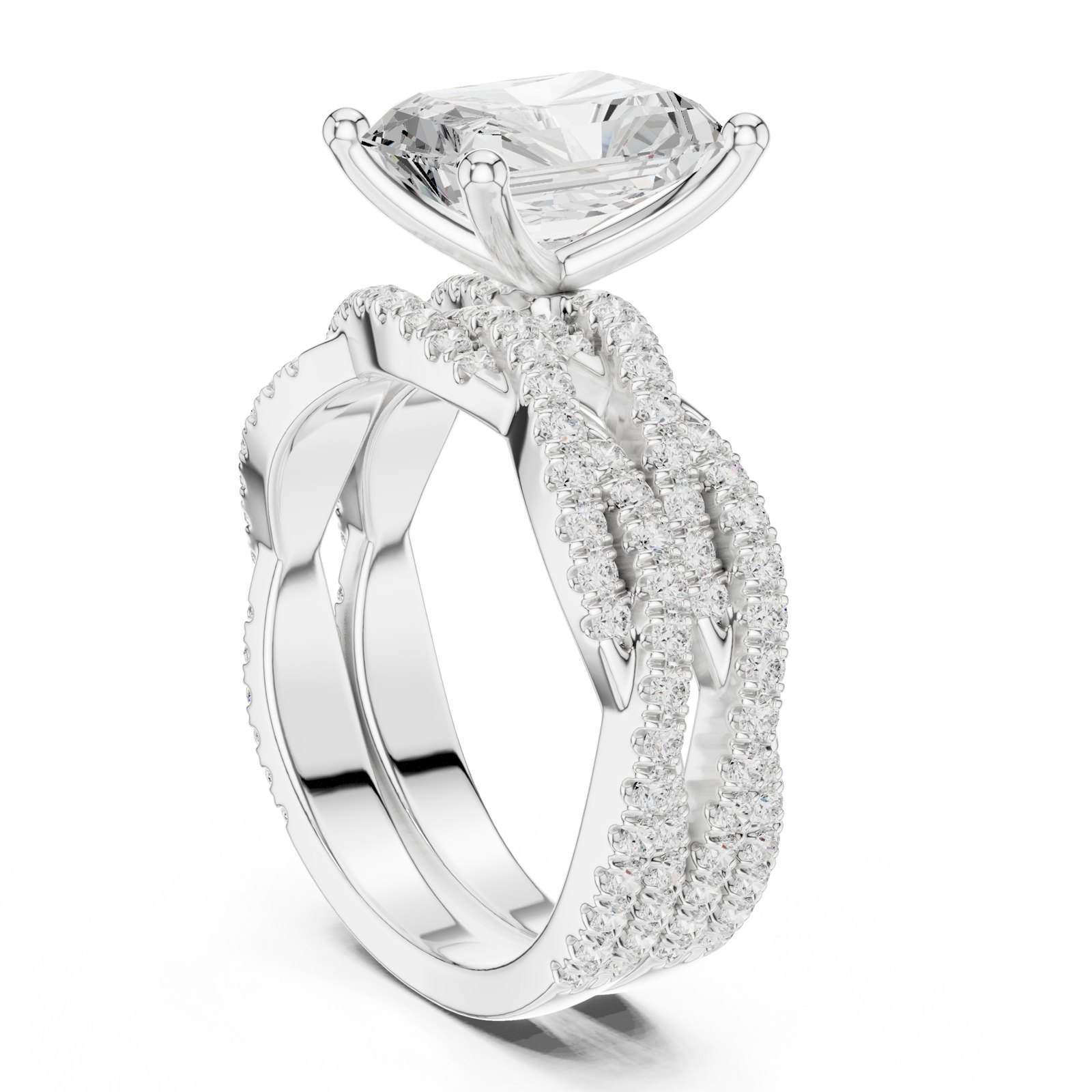 Leonie Radiant Cut Braided Pavé Wide Band Engagement Ring in white gold