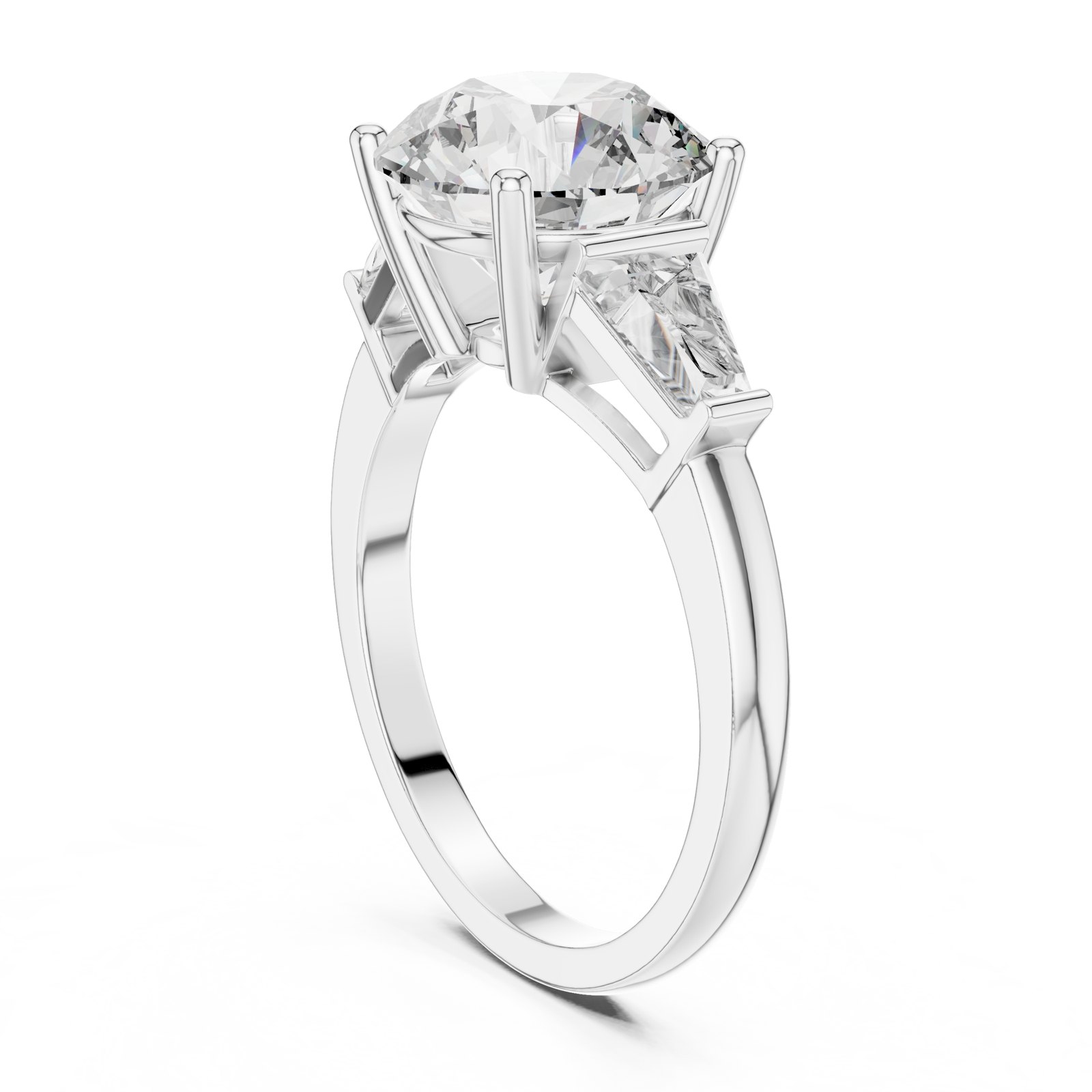 Matilda Round Three Stone Ring with Tapered Baguettes in white gold