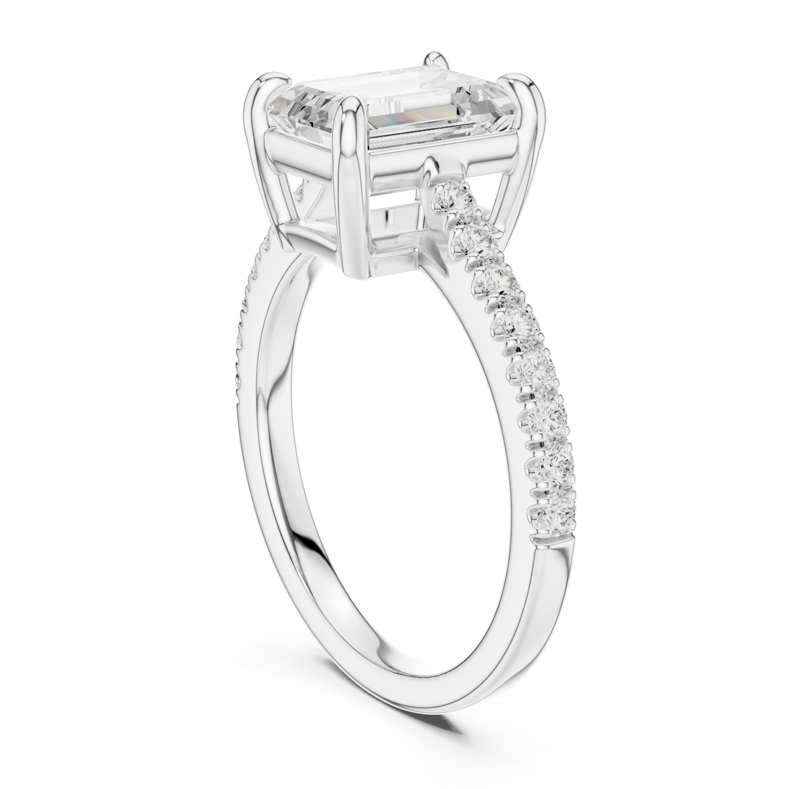 Edie Emerald Cut Solitaire Engagement Ring with Pavé Band in white gold