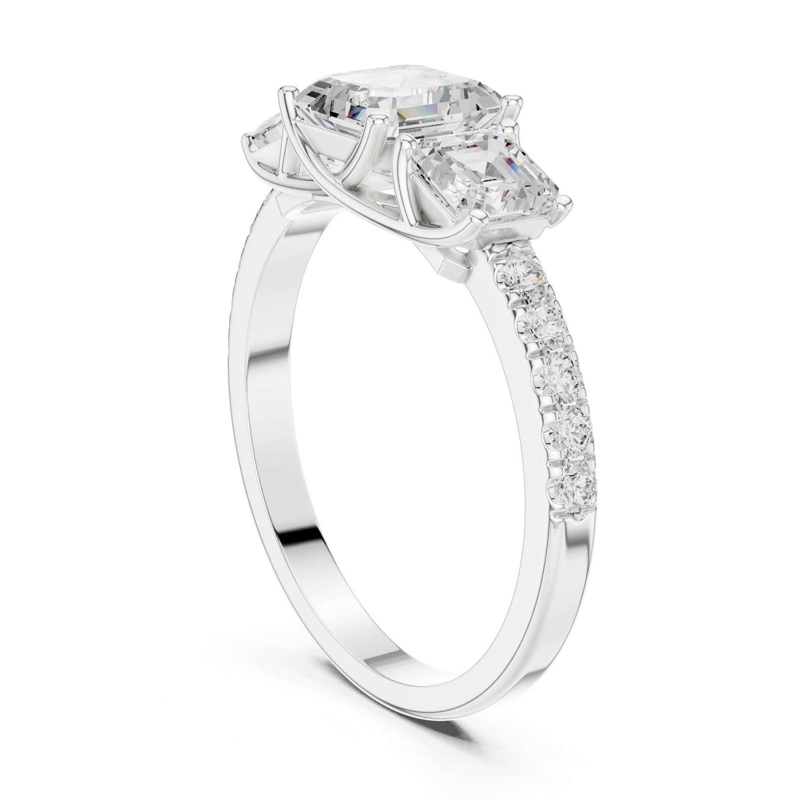Ilsa Asscher Cut Three Stone Engagement Ring with Pavé Band in white gold