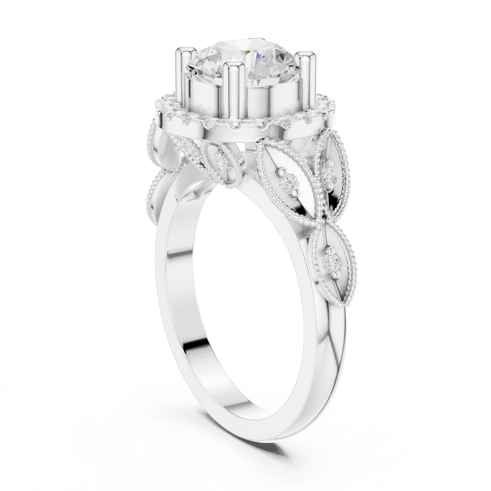 Emelina Round Leaf Motif Halo Engagement Ring with Milgrain in white gold