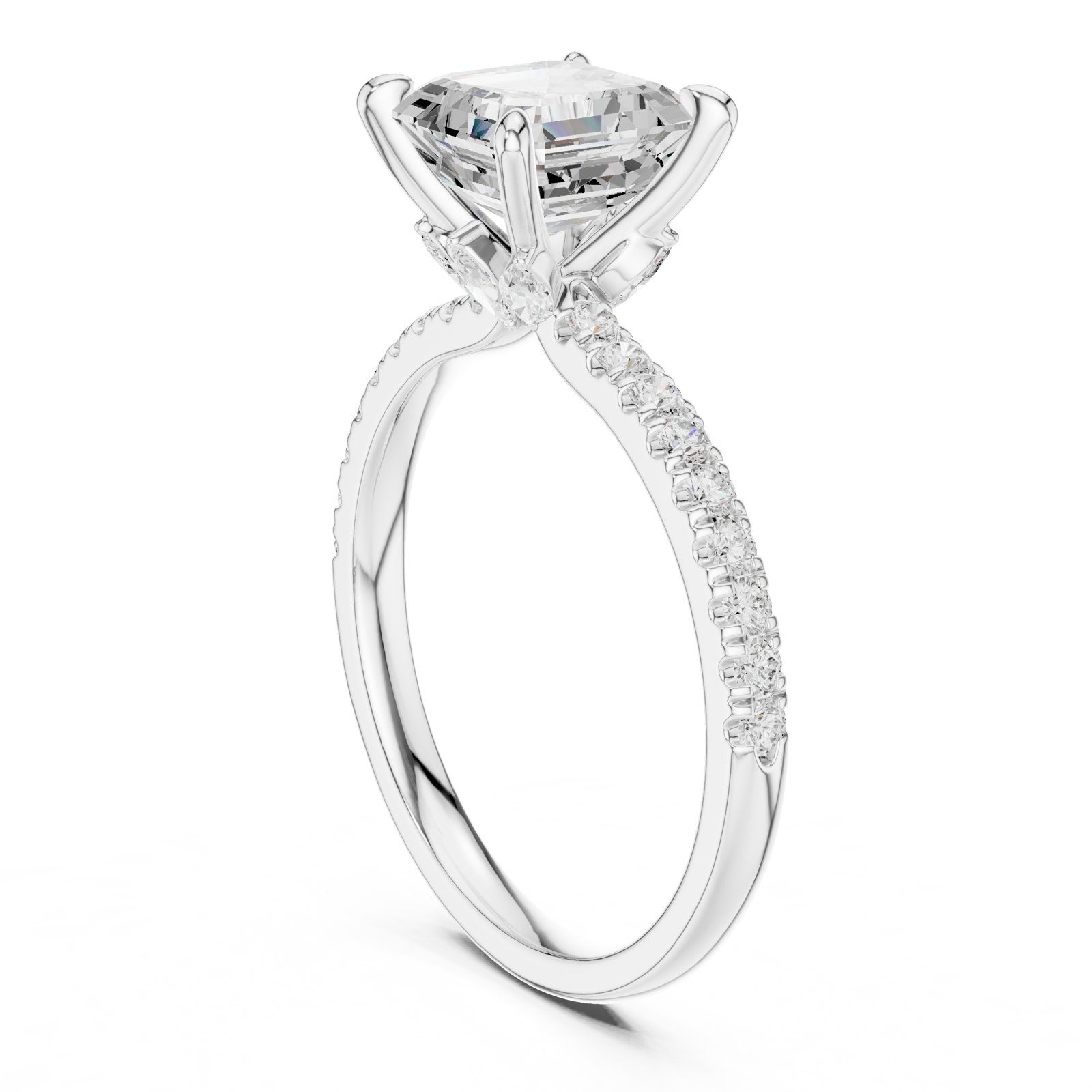 Evelina Square Emerald Cut Twist Pavé Engagement Ring in white gold