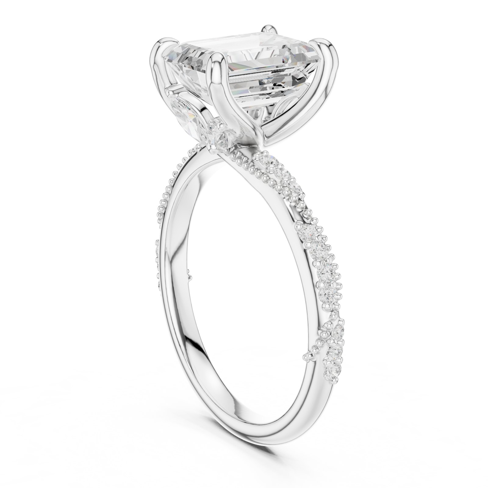 Cecilie Elongated Emerald Cut Twisted Pavé Engagement Ring in white gold