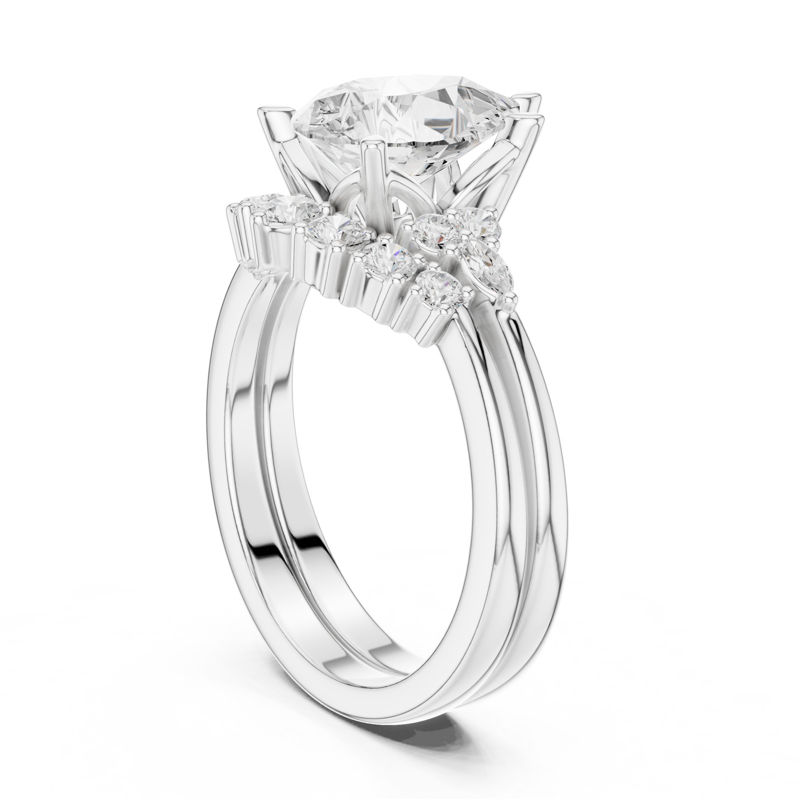 Varvara Pear Engagement Ring with Crescent Diamond Accents in white gold