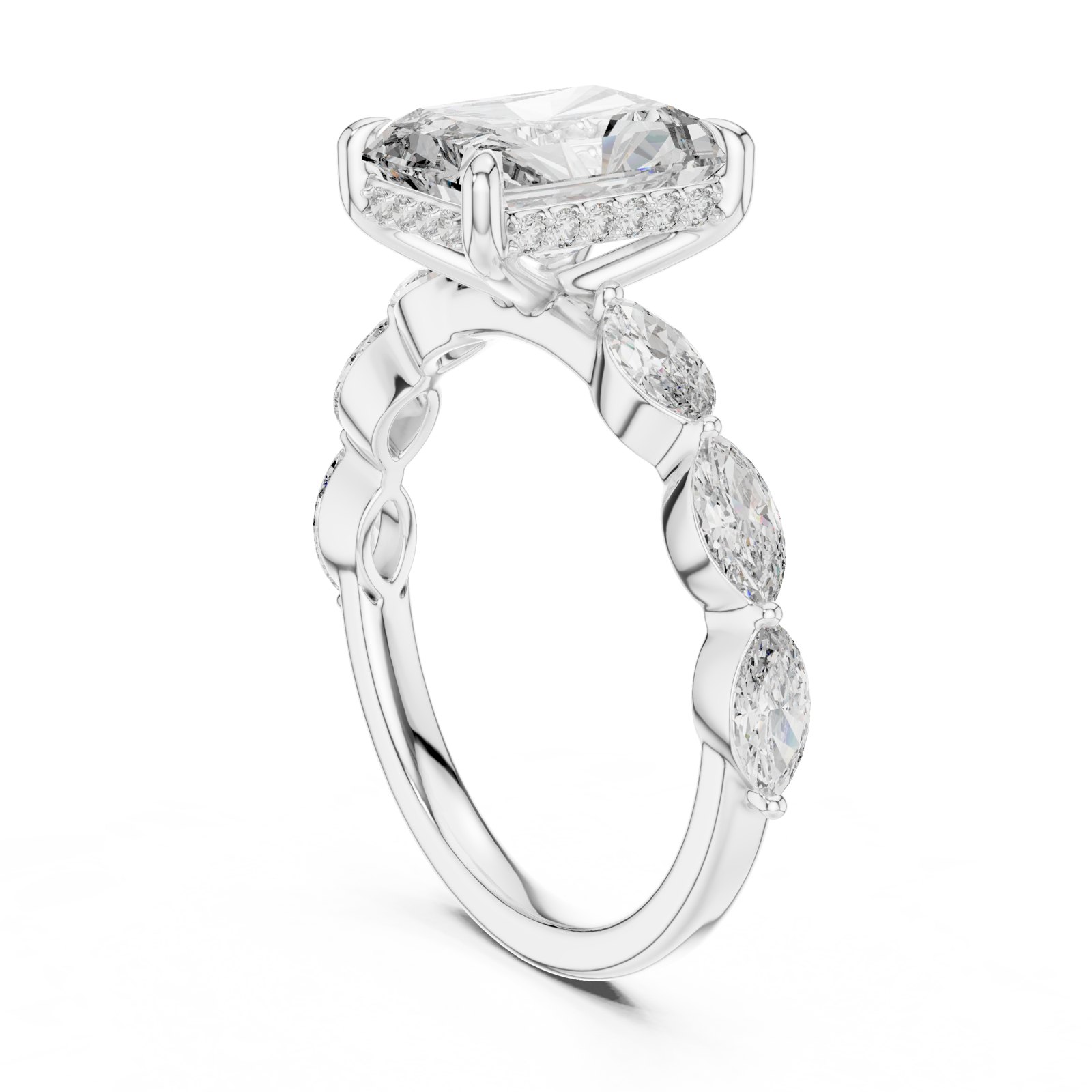 Athena Radiant Hidden Halo Engagement Ring with Marquise Band in white gold