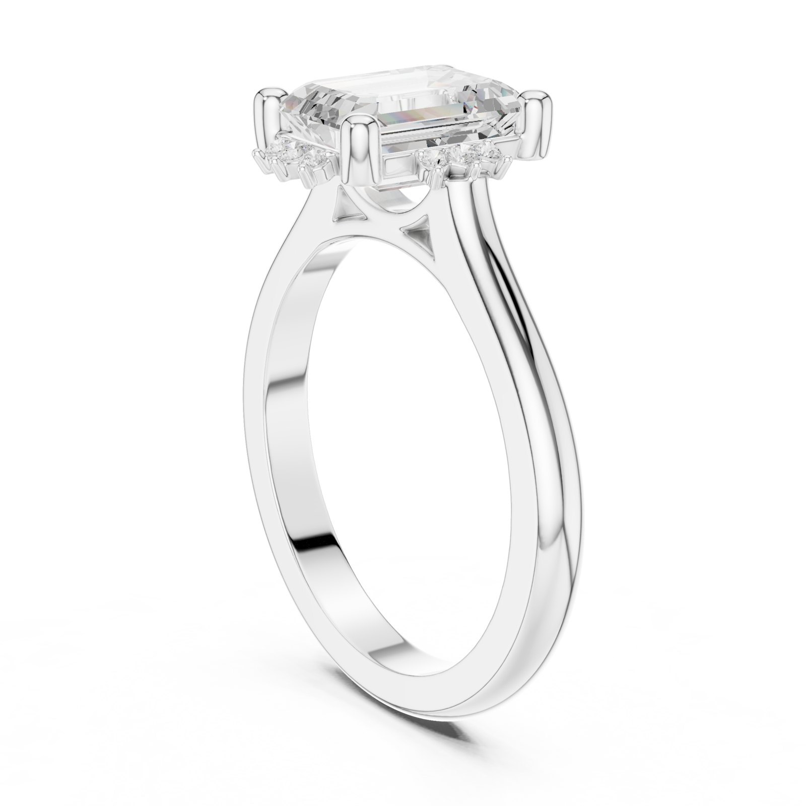 Anouk Emerald Cut Hidden Halo Cathedral Solitaire Ring in white gold