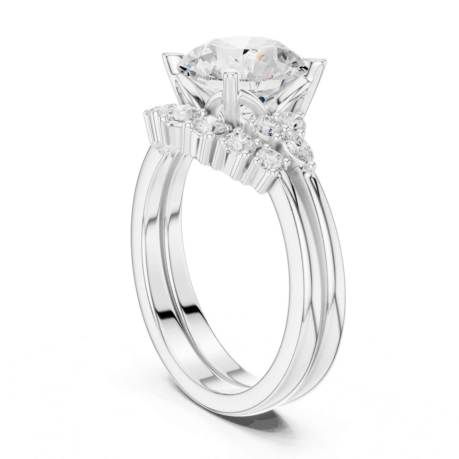Varvara Round Engagement Ring with Diamond Cluster Accents in white gold