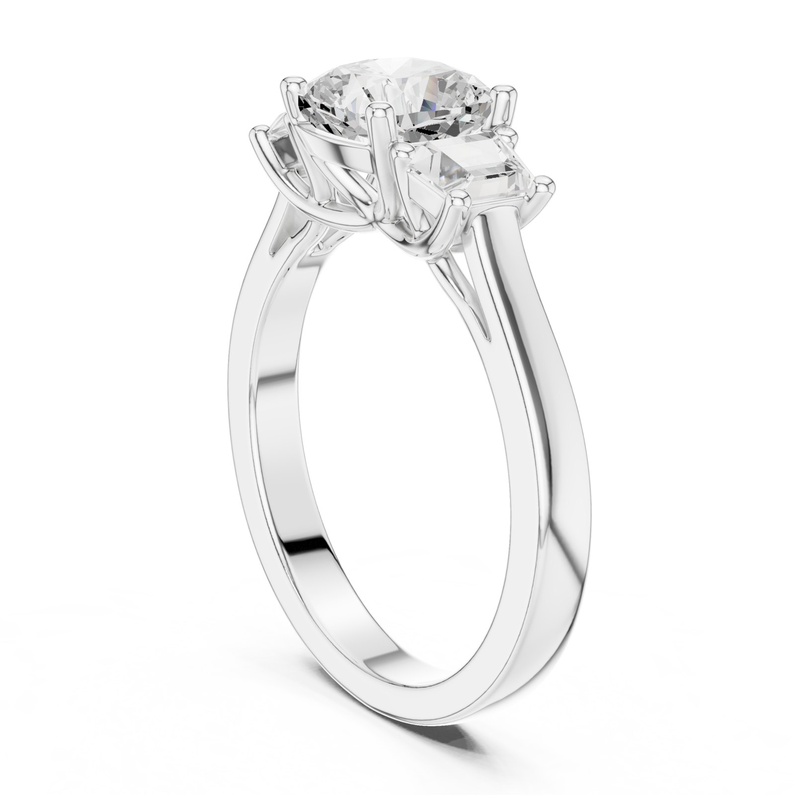 Noemi Cushion Cut Three Stone Ring with Baguette Side Diamonds in white gold