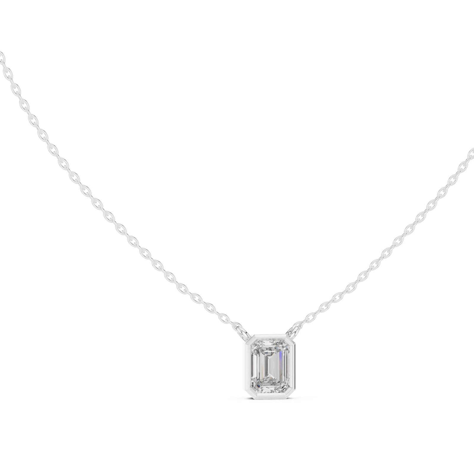 Gratia Emerald Cut Bezel Solitaire Necklace in white gold