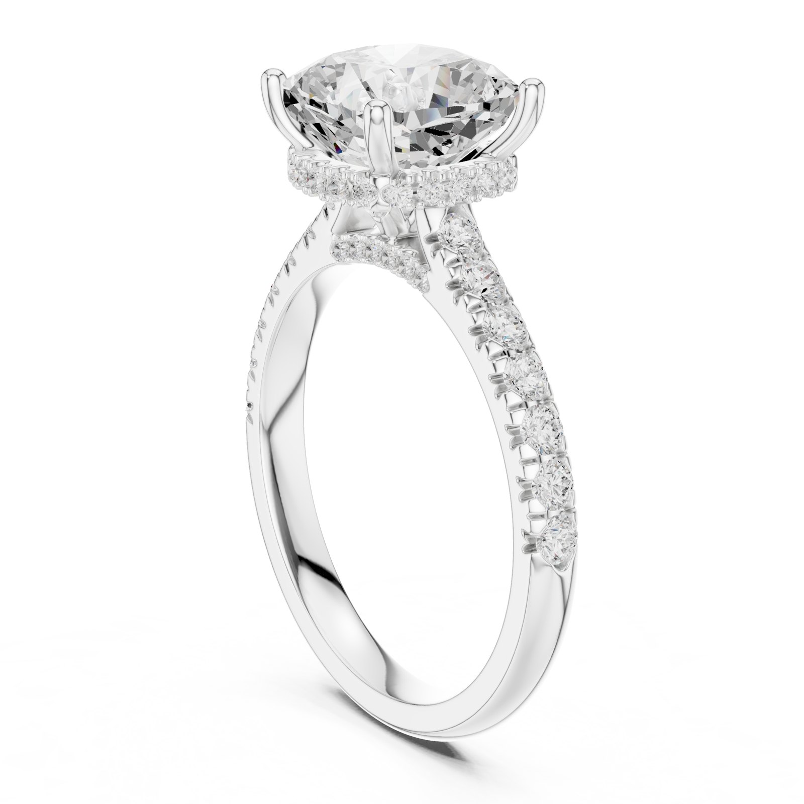 Ines Cushion Hidden Halo Pavé Shoulder Engagement Ring in white gold