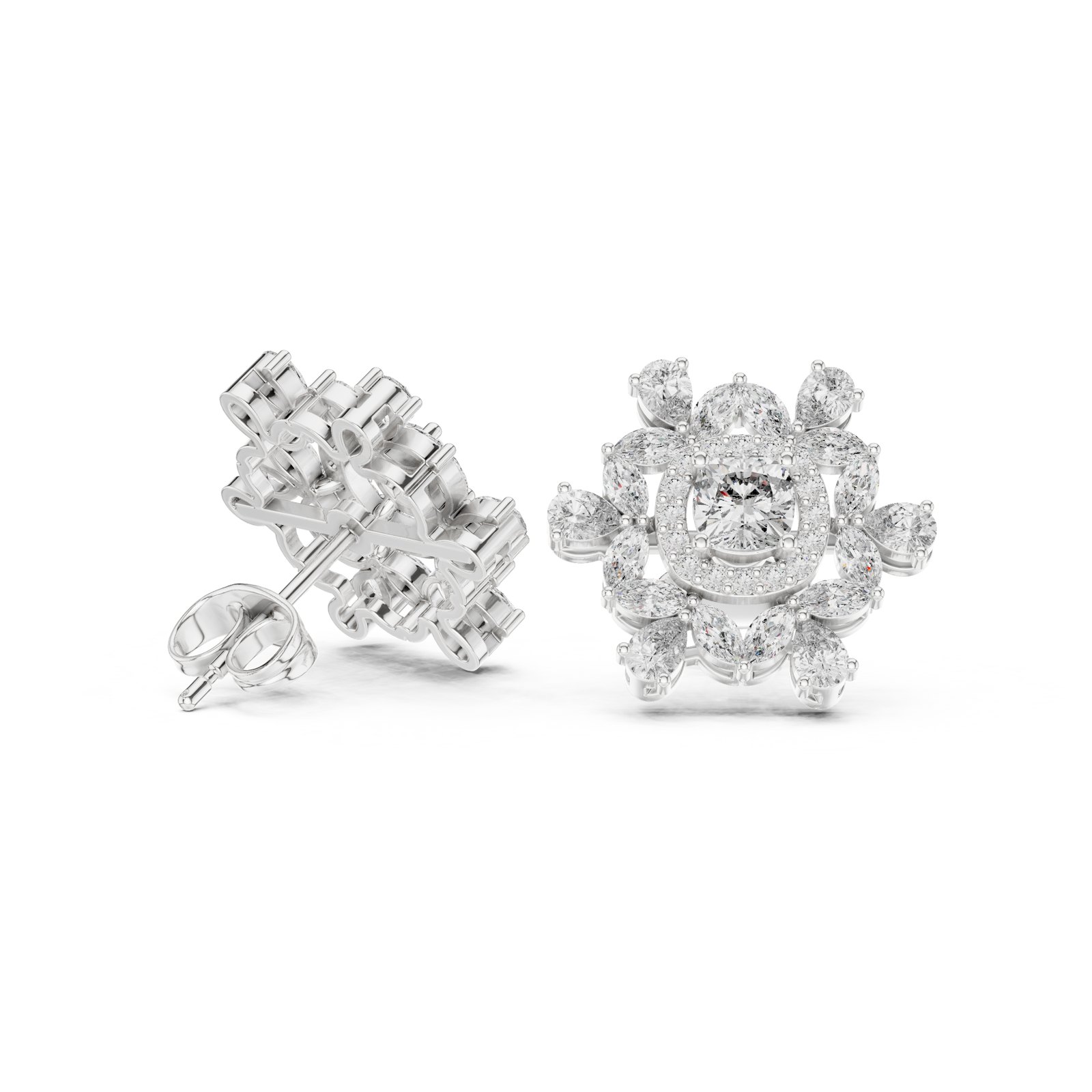 Aniela Cushion Halo Sunburst Stud Earrings in white gold