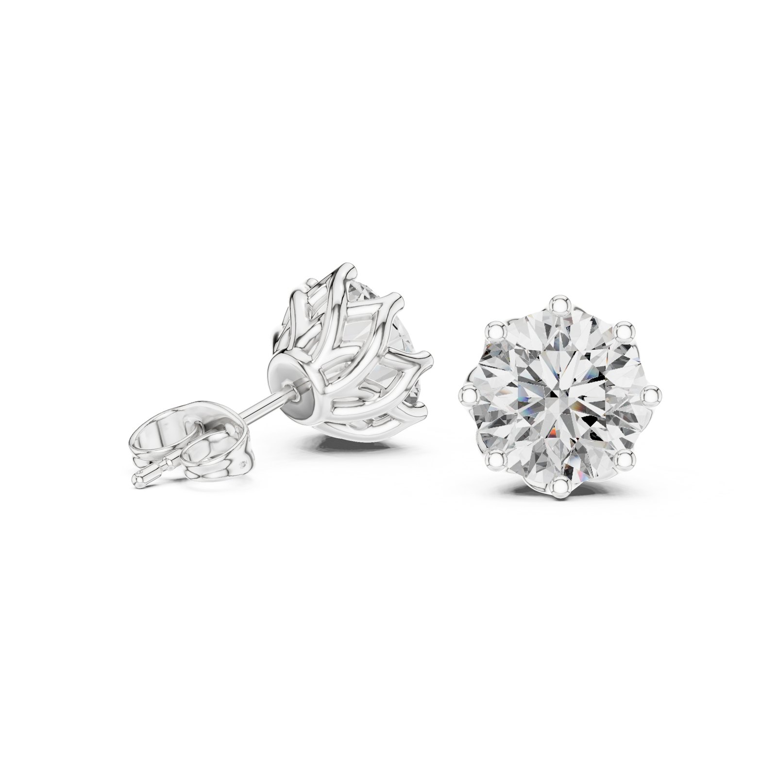 Velouria Round Crown Solitaire Stud Earrings with Fine Claws in white gold