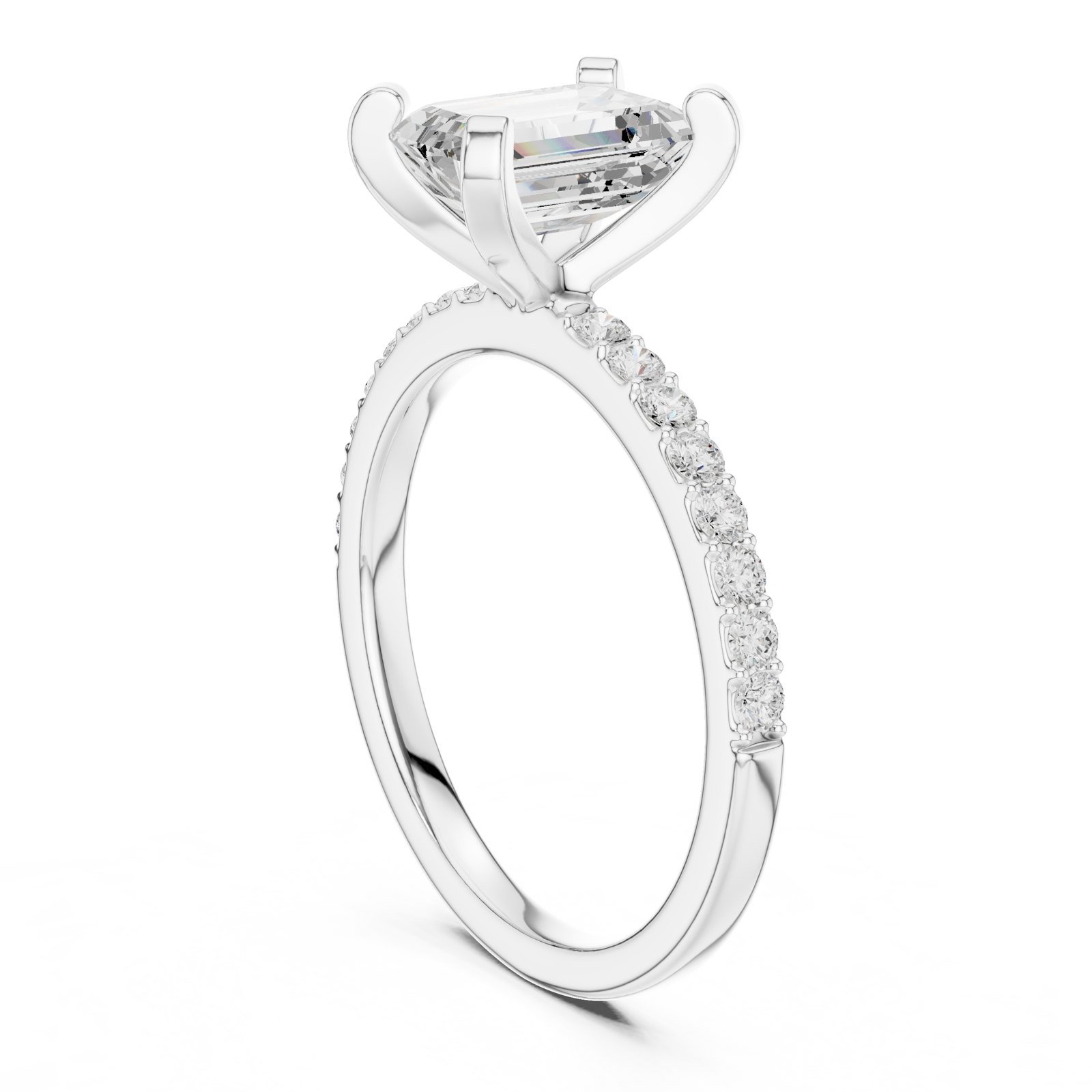 Hera Emerald Cut Solitaire Engagement Ring with Pavé Band in white gold