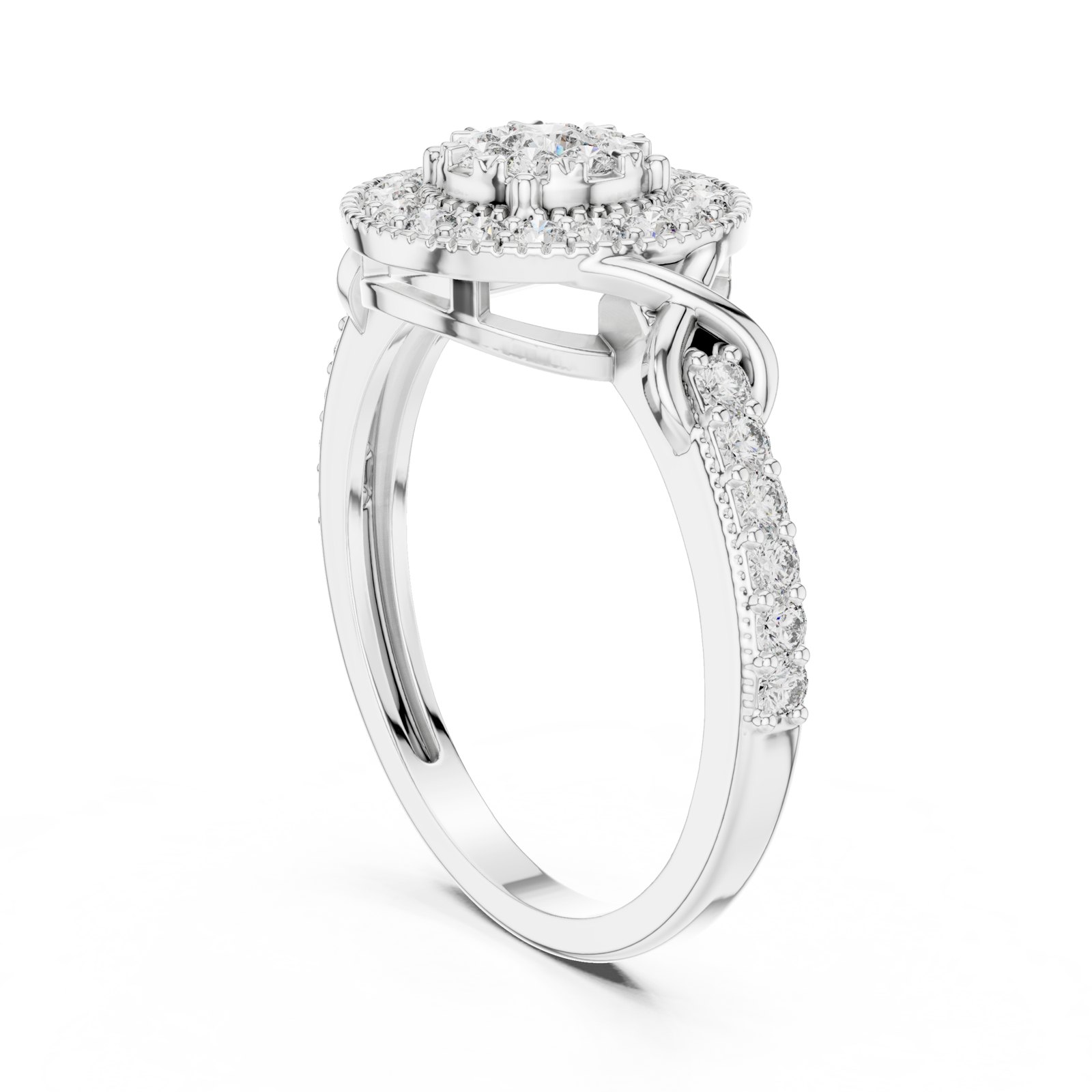 Cala Milgrain Halo Engagement Ring with Pavé Half Band in white gold