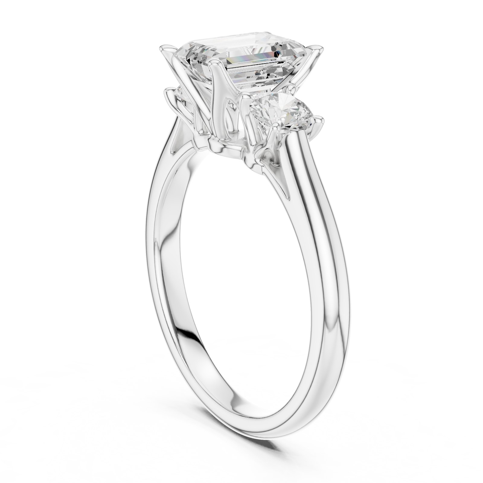 Aviana Emerald Cut Three Stone Engagement Ring with Round Sides in white gold