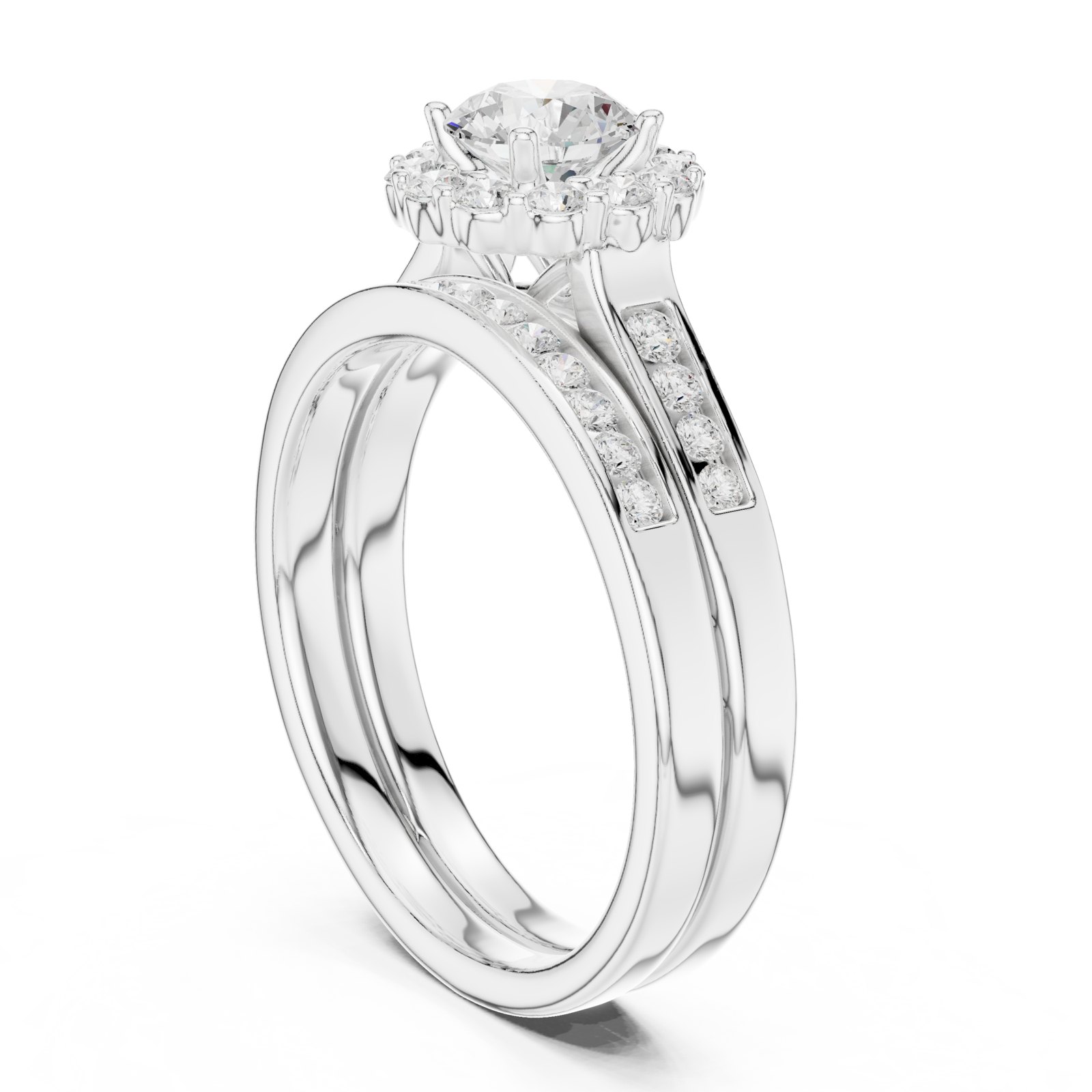 Dobromila Round Halo Engagement Ring with Stacked Channel Band in white gold
