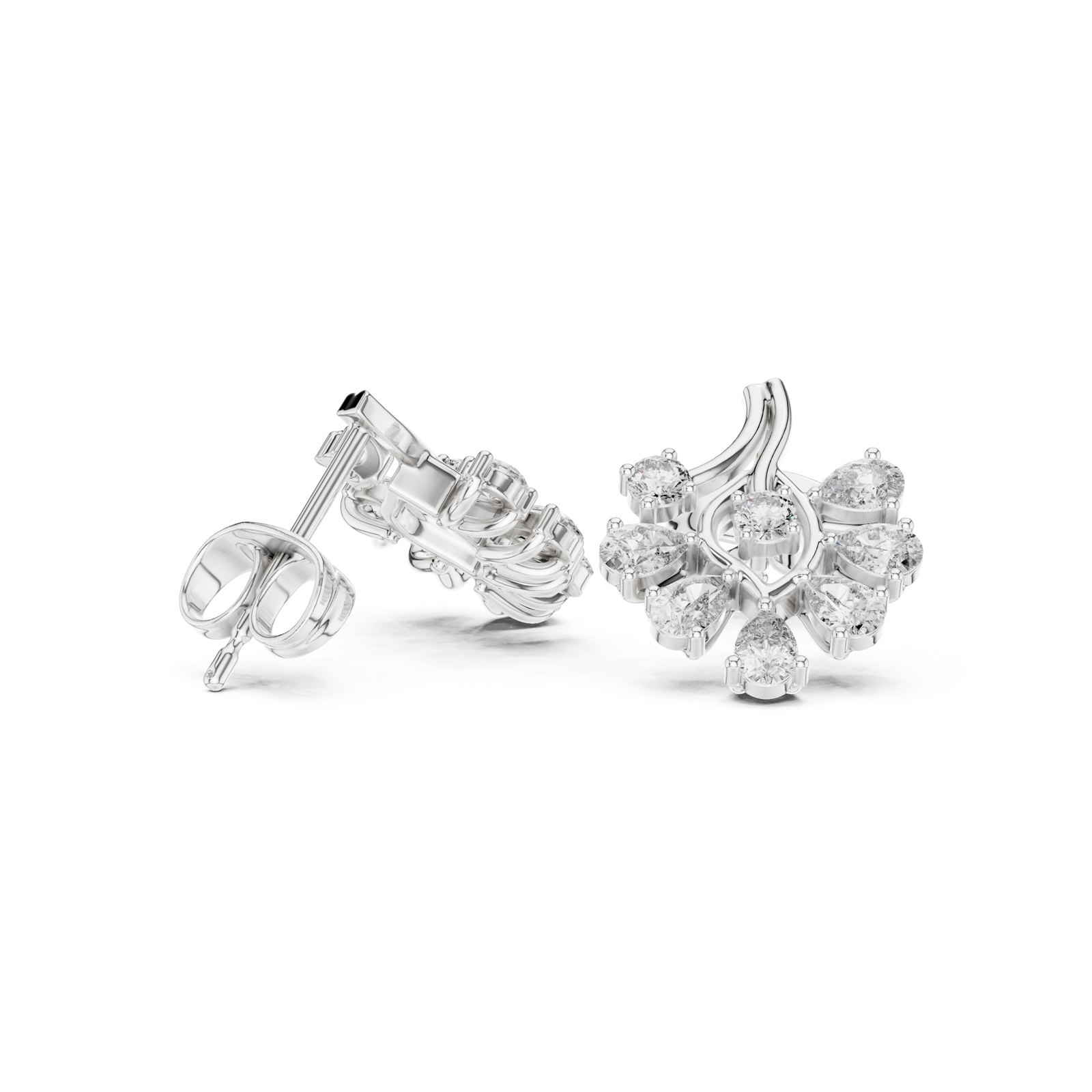 Avalyn Pear Diamond Plume Cluster Stud Earrings in white gold