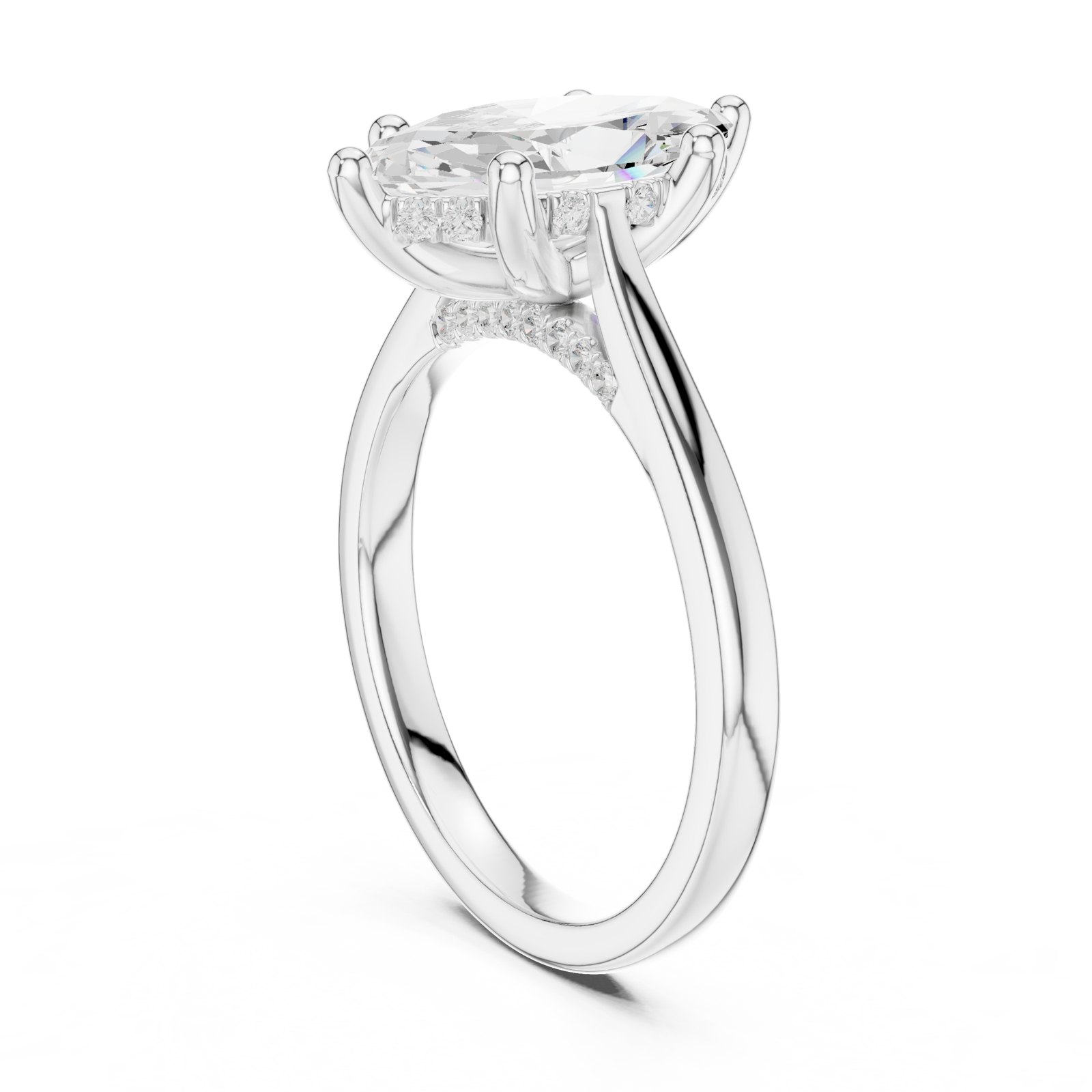 Eudora Marquise Cathedral Hidden Halo Engagement Ring in white gold