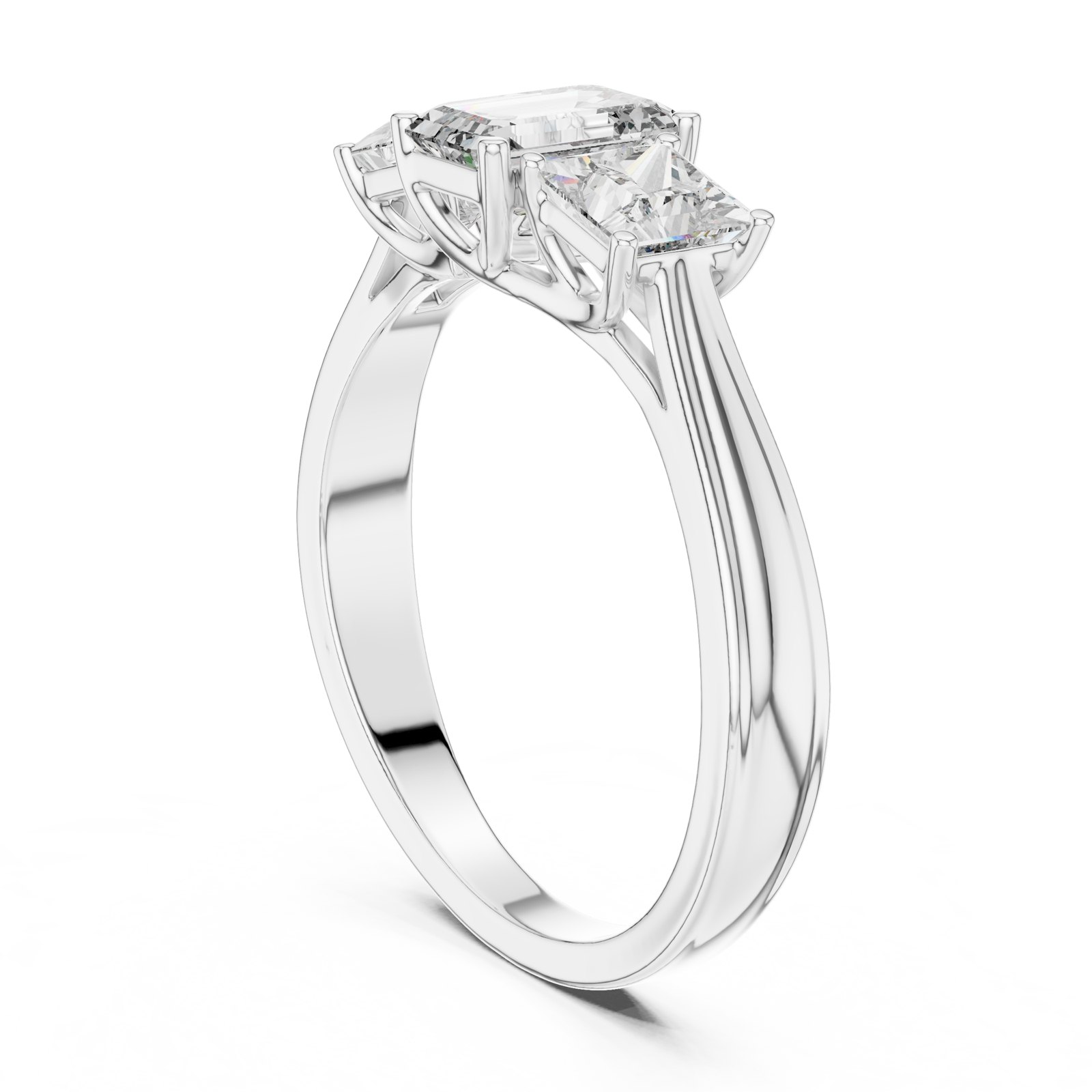Marisol Emerald Cut Three Stone Ring with Princess Side Stones in white gold