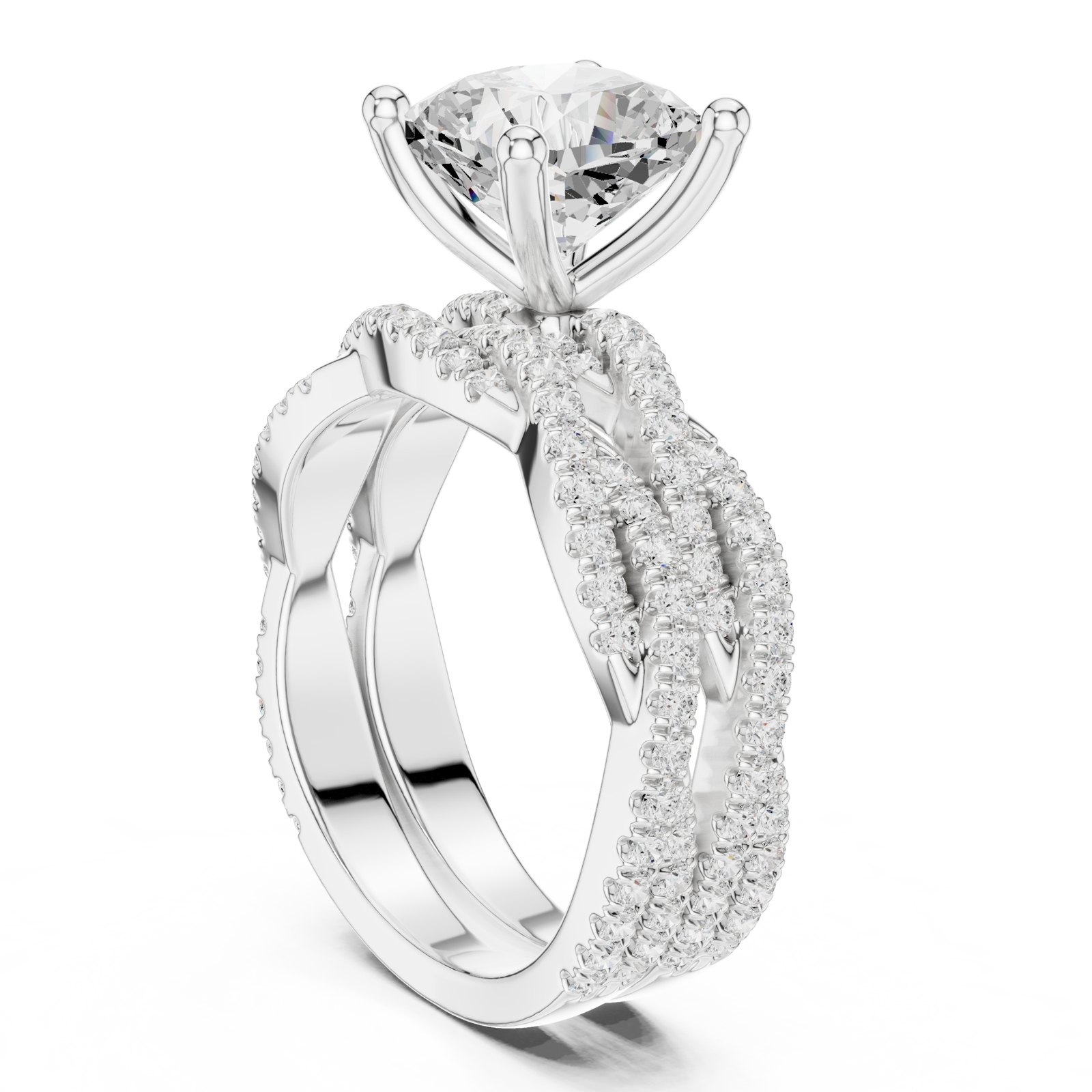 Leonie Cushion Engagement Ring with Wide Twisted Pavé Band in white gold