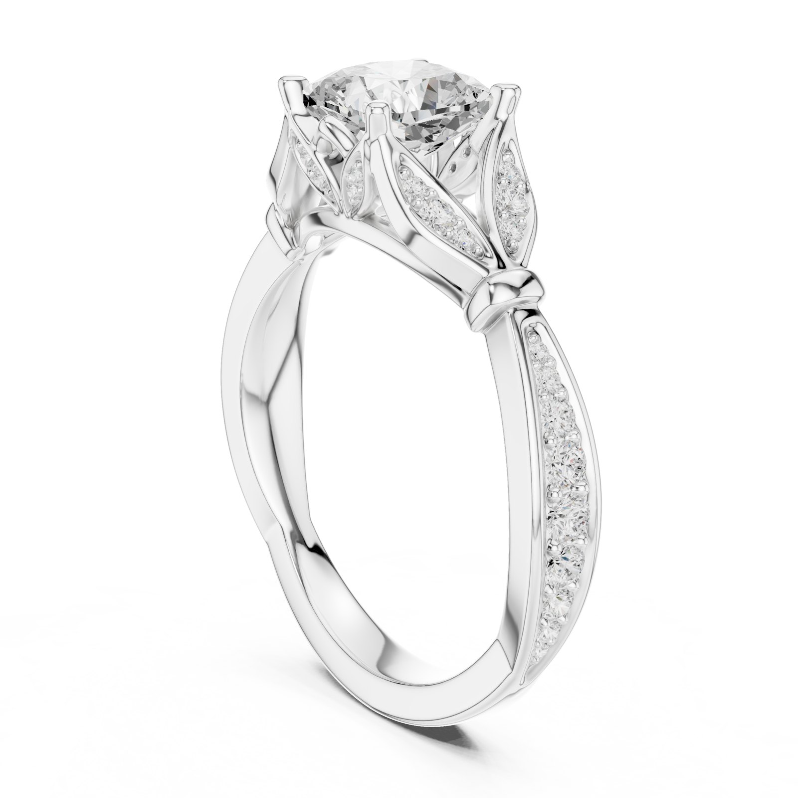 Tudora Cushion Leaf Nature Inspired Pavé Engagement Ring in white gold