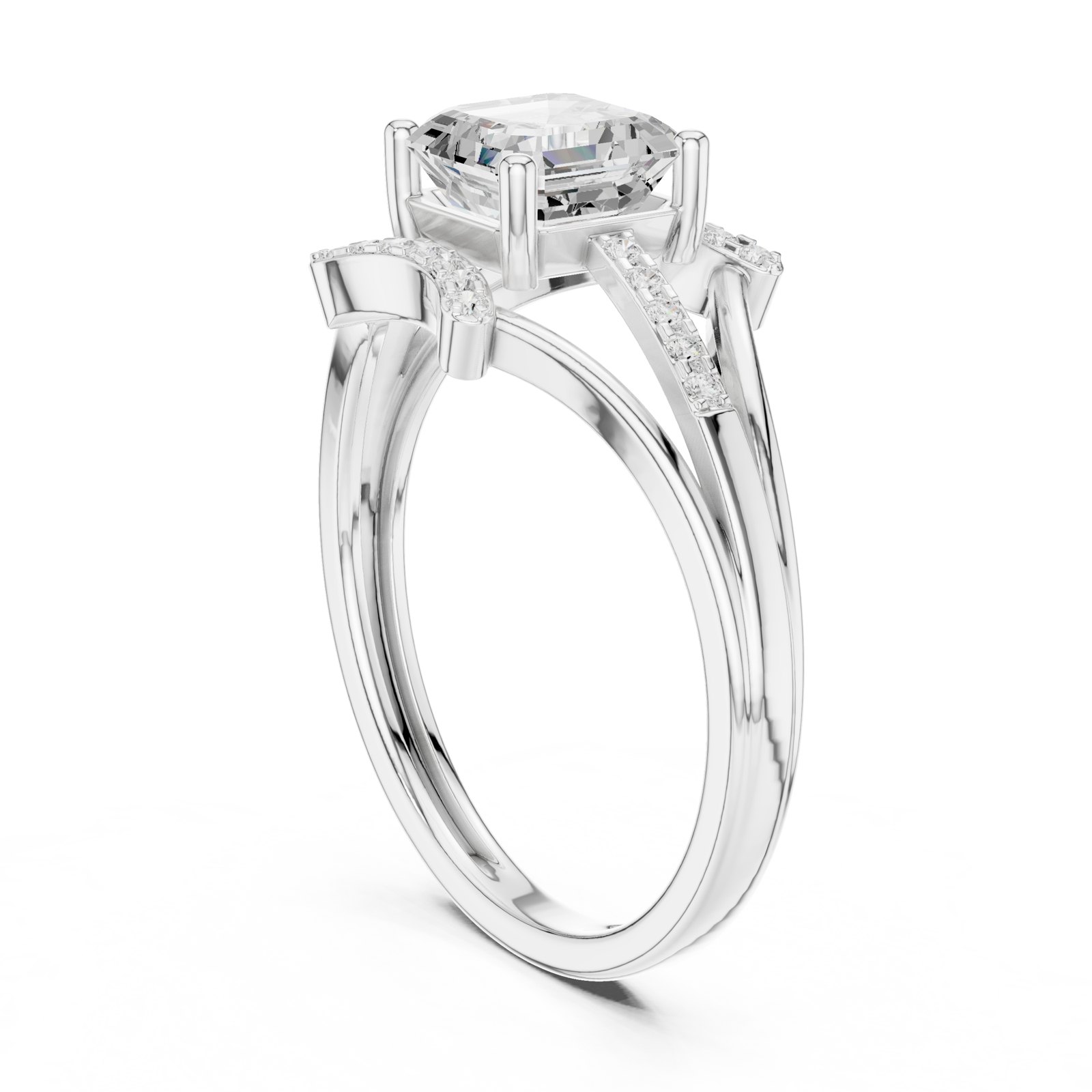 Anja Asscher Cut Split Shank Engagement Ring with Pavé Wings in white gold
