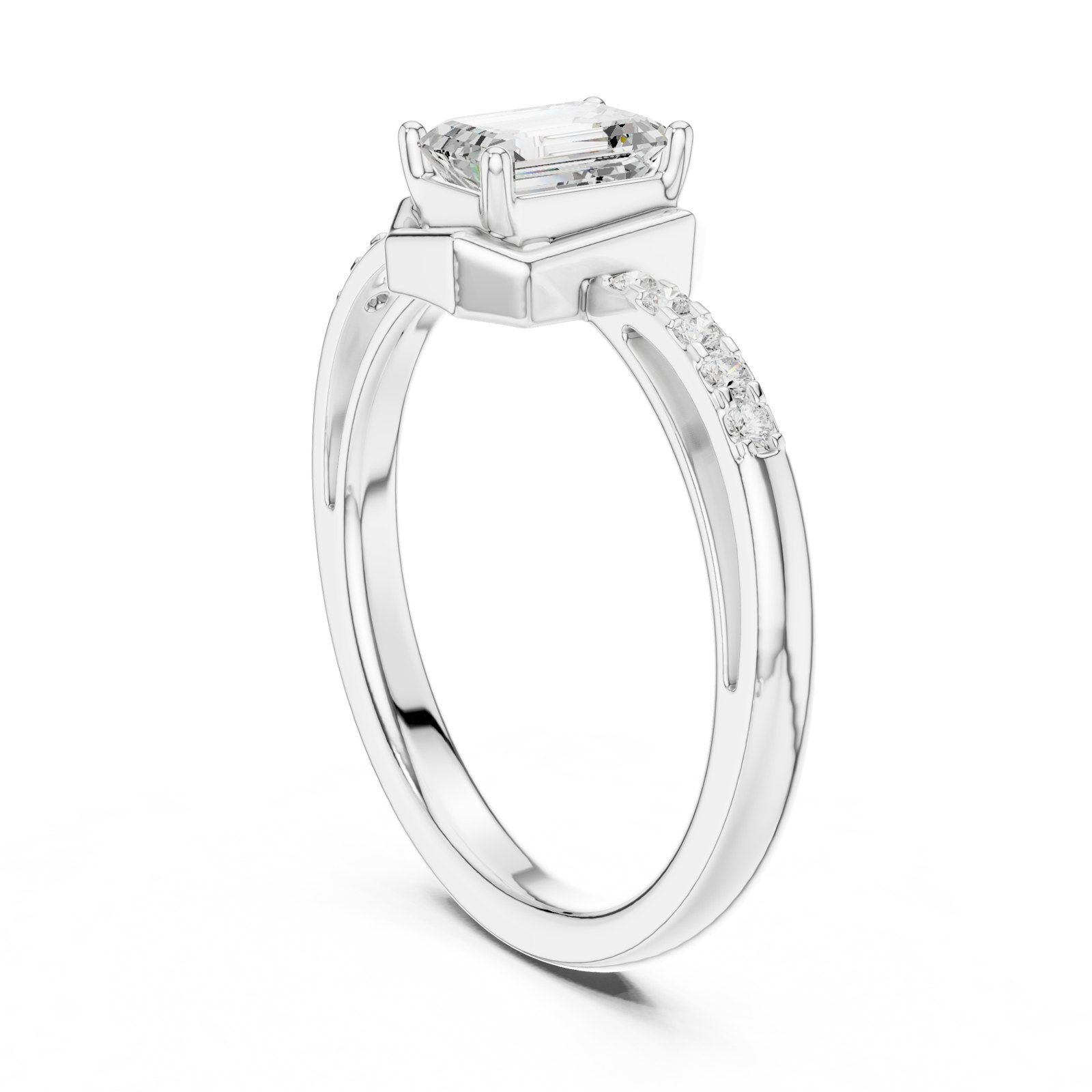 Cara Emerald Cut Bypass Solitaire Engagement Ring with Pavé in white gold