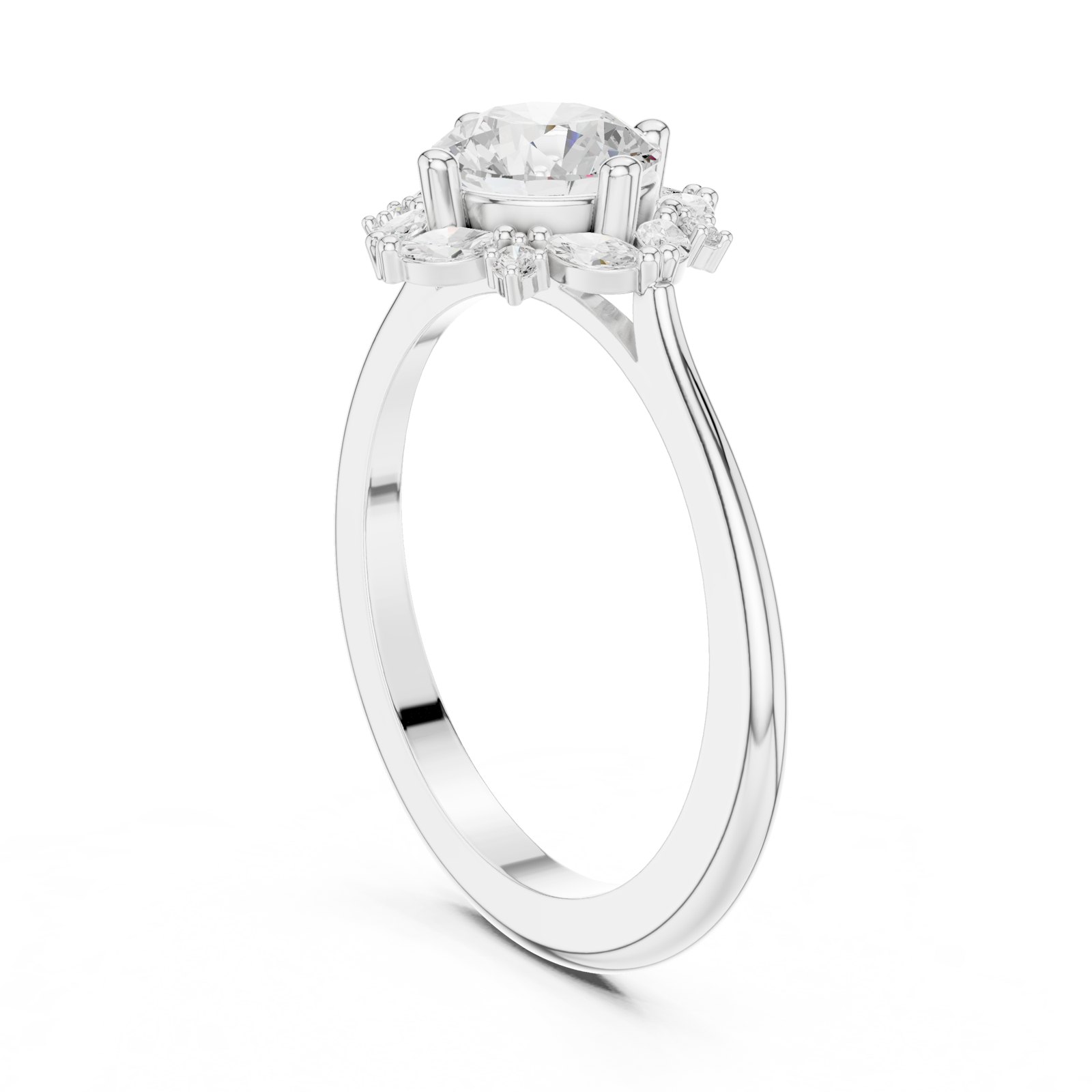 Fiamma Round Floral Halo Engagement Ring on Plain Band in white gold