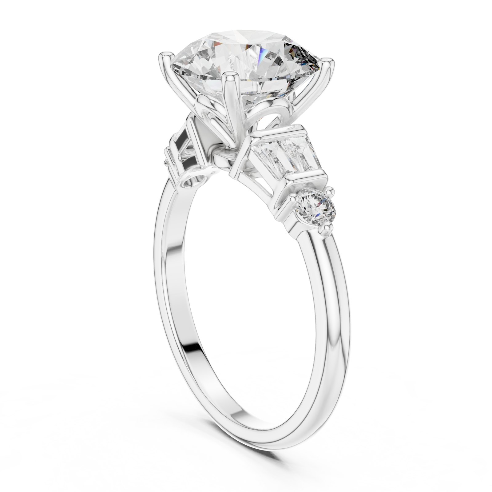 Natalia Round Three Stone Ring with Baguettes and Accents in white gold