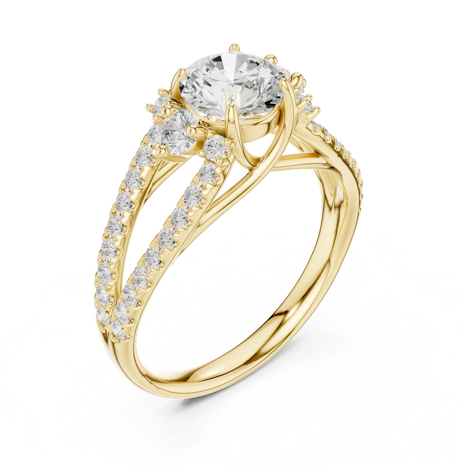 Sofi Round Crossover Split Shank Pavé Engagement Ring in yellow gold