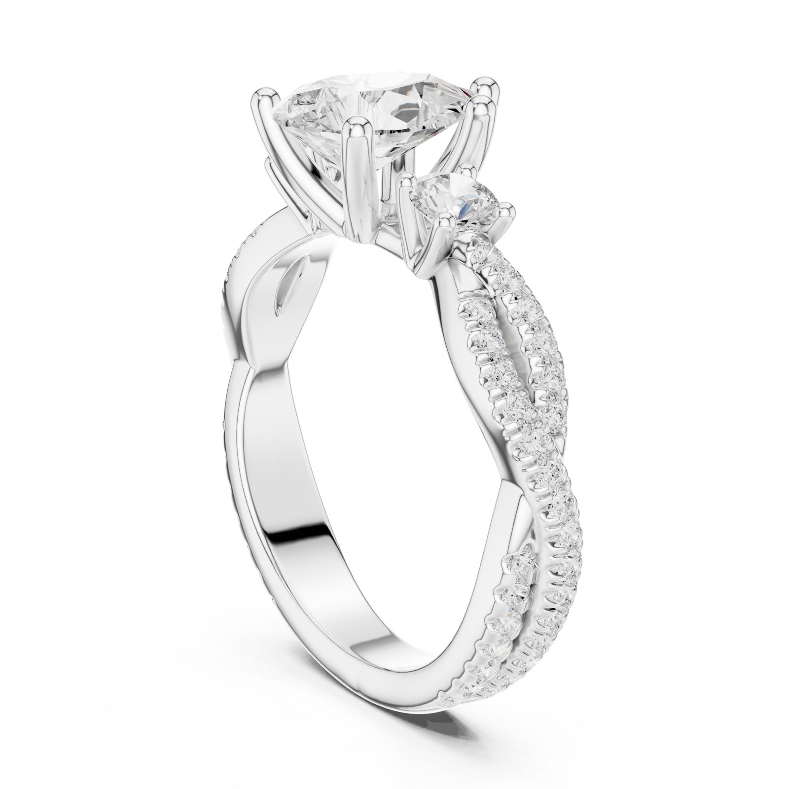 Vesna Pear Three Stone Engagement Ring with Twisted Pavé Band in white gold