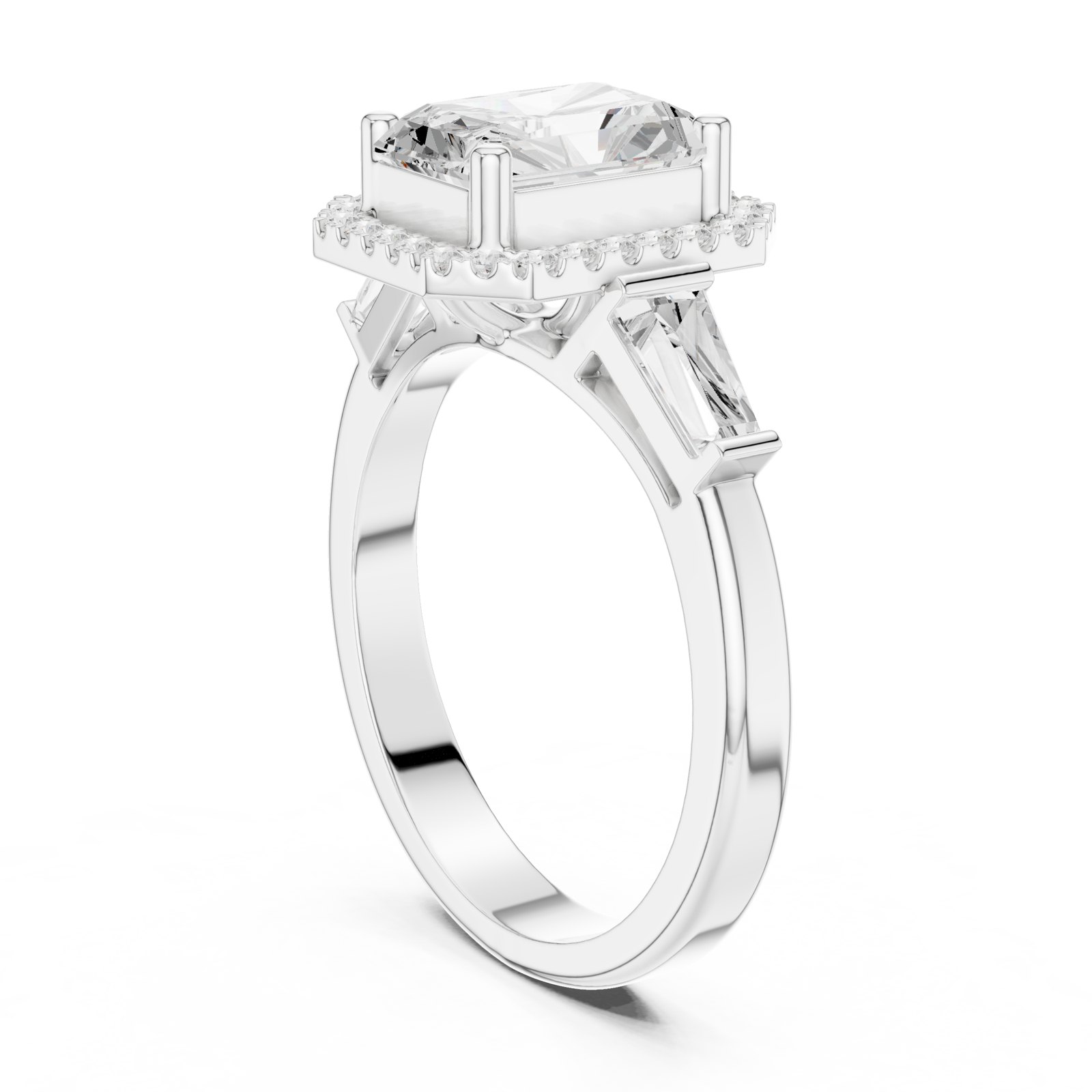 Arabella Radiant Halo Engagement Ring with Tapered Baguettes in white gold