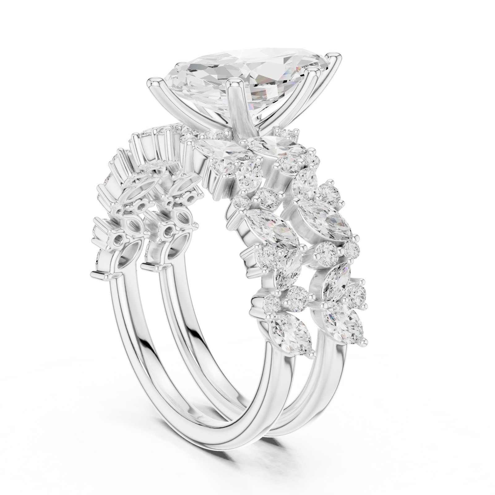 Jemima Marquise Solitaire Engagement Ring with Cluster Band in white gold