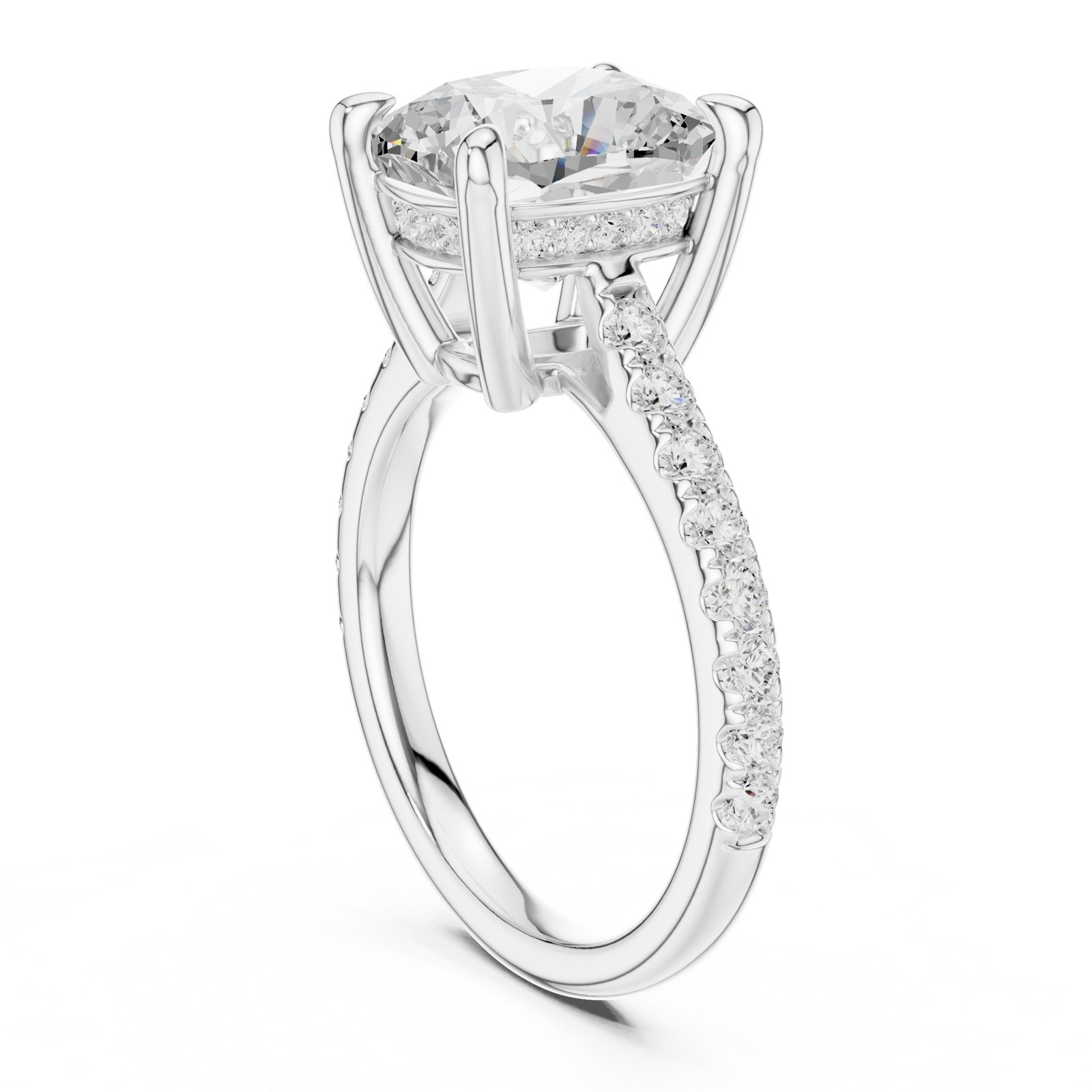 Irene Elongated Cushion Hidden Halo Engagement Ring with Pavé Band in white gold