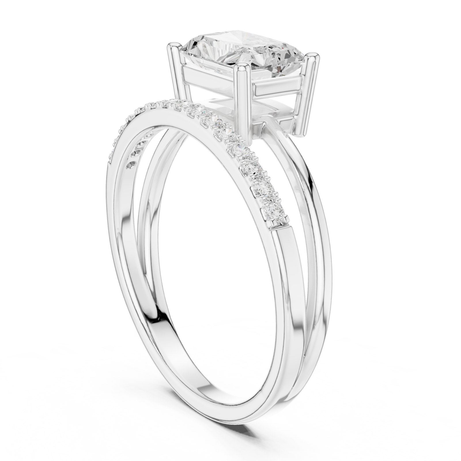 Camille Radiant Cut Bypass Solitaire Engagement Ring with Pavé in white gold