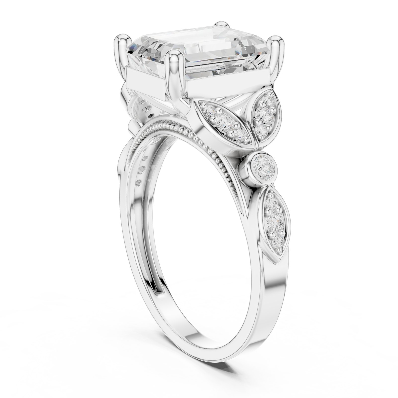 Clarabel Emerald Cut Vintage Engagement Ring with Leaf Accents in white gold