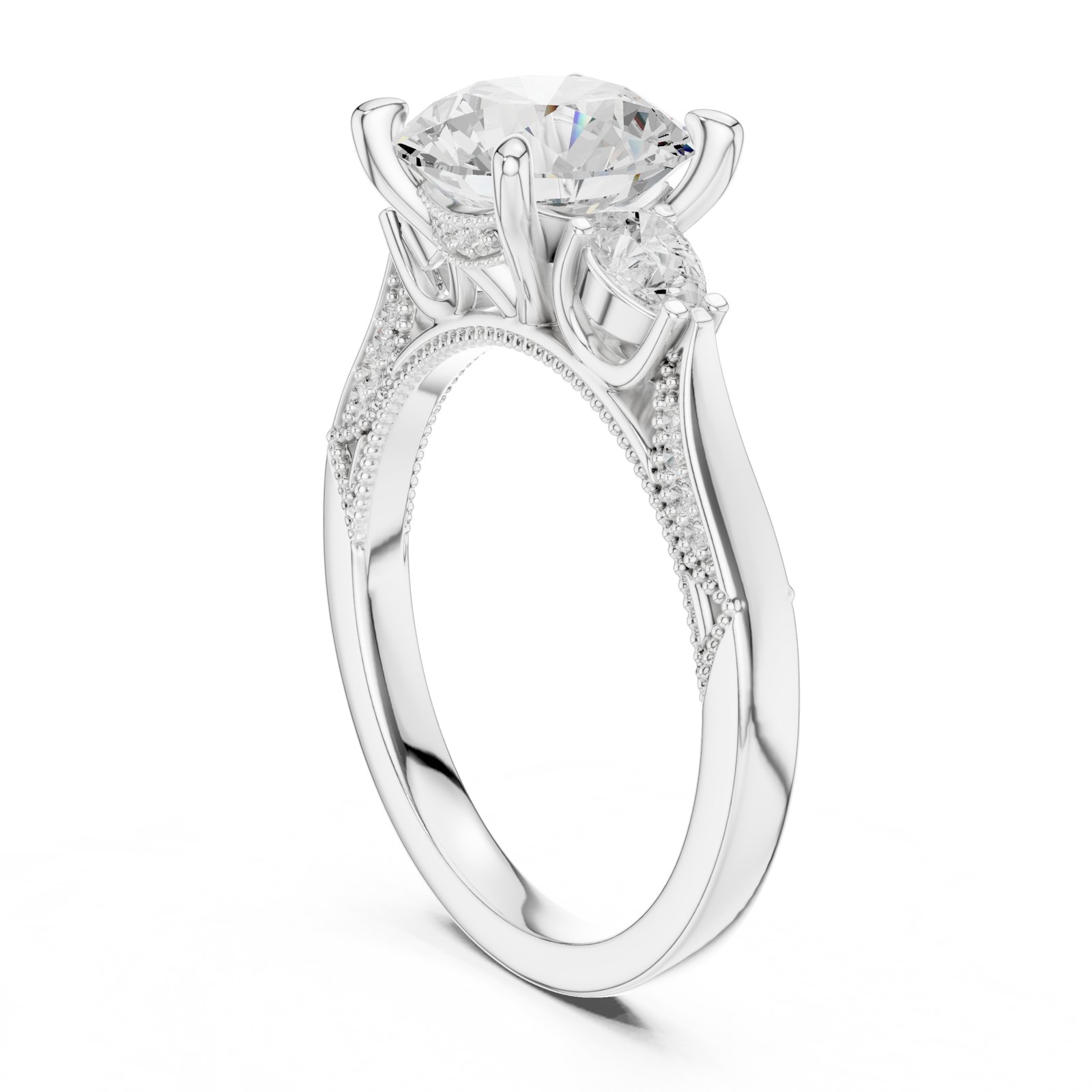 Elyra Round Three Stone Engagement Ring with Milgrain Pavé in white gold