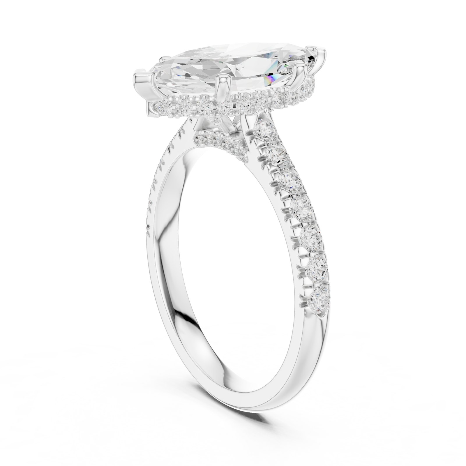 Ines Marquise Hidden Halo Pavé Shoulder Engagement Ring in white gold
