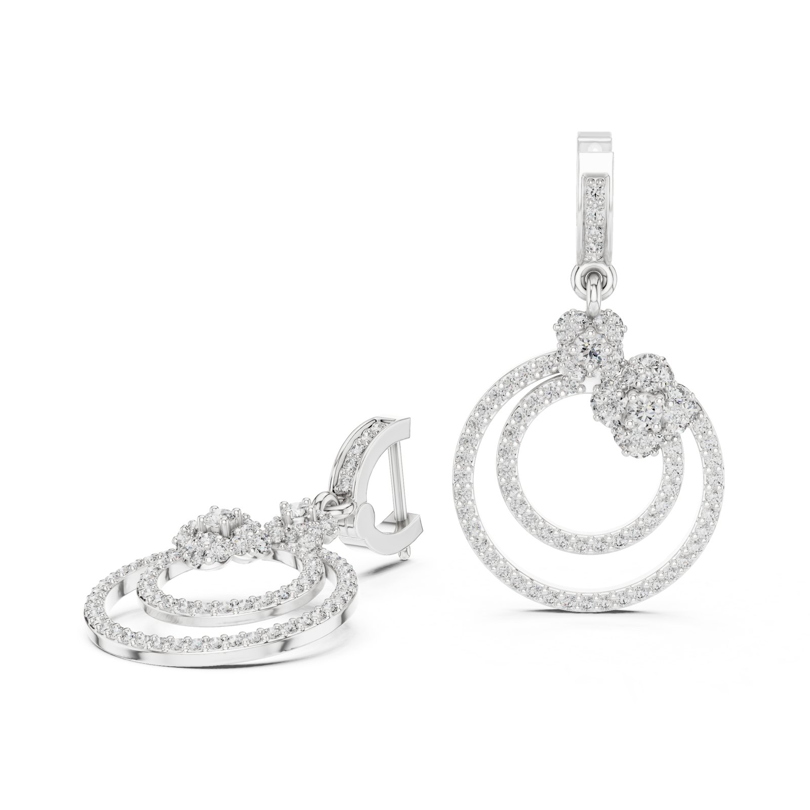 Lehua Double Circle Pavé Diamond Drop Earrings in white gold
